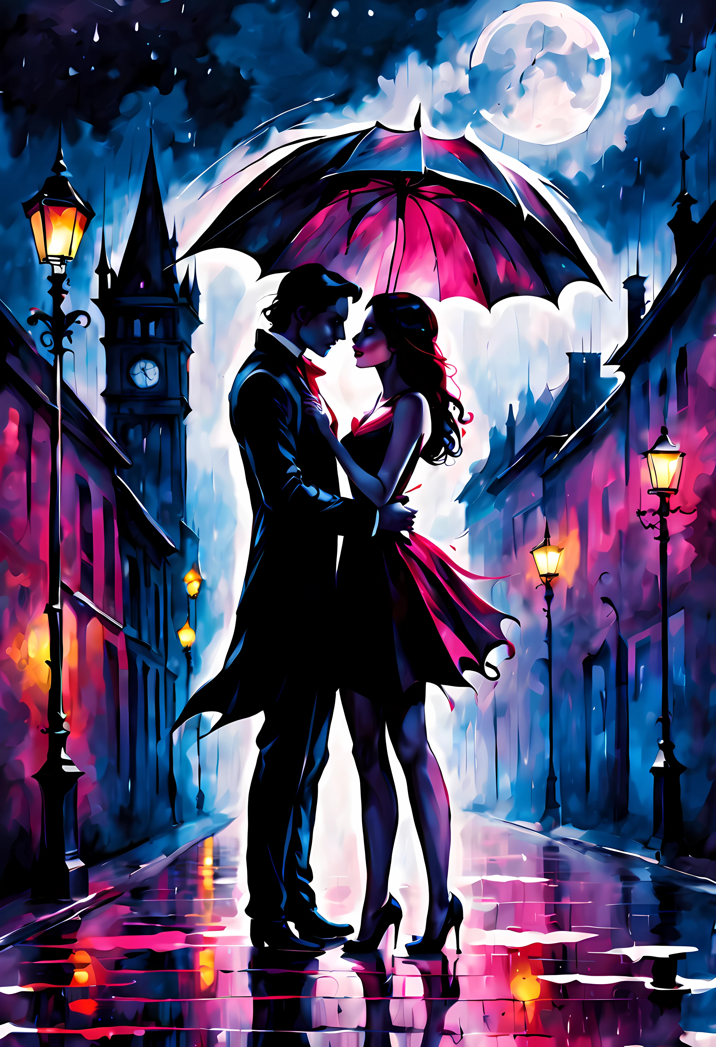 Colorsplash, (close up view:1.3), (rainy:1.4) starry moonlit night, a ((noble vampire love couple)) under a big umbrella with rosy print, ((gothic street background)), ((bats)), (lightning)