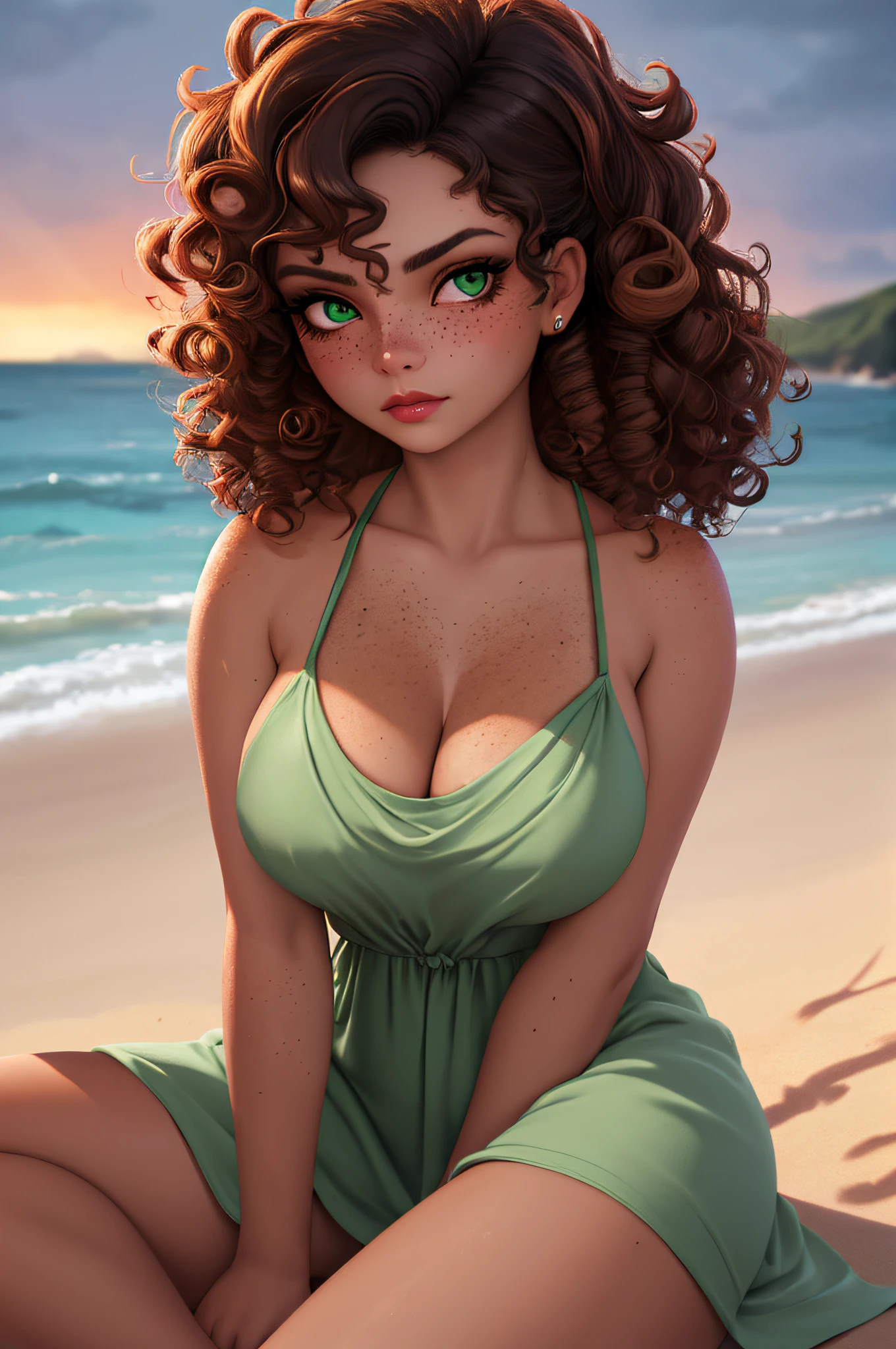 (sharp focus:1.2), photo, attractive mixed woman, (beautiful face:1.1), detailed eyes, luscious lips, (cat eye makeup:0.85), (large eyes:1.0), (toned body:1.2), (curly hair:1.2), wearing (sundress:1.2) sitting on a (beach:1.2). (moody lighting:1.2), depth of field, bokeh, 4K, HDR. by (James C. Christensen:1.2|Jeremy Lipking:1.1), body freckles, green eyes, freckles, beauty marks, sandy skin, sand on skin