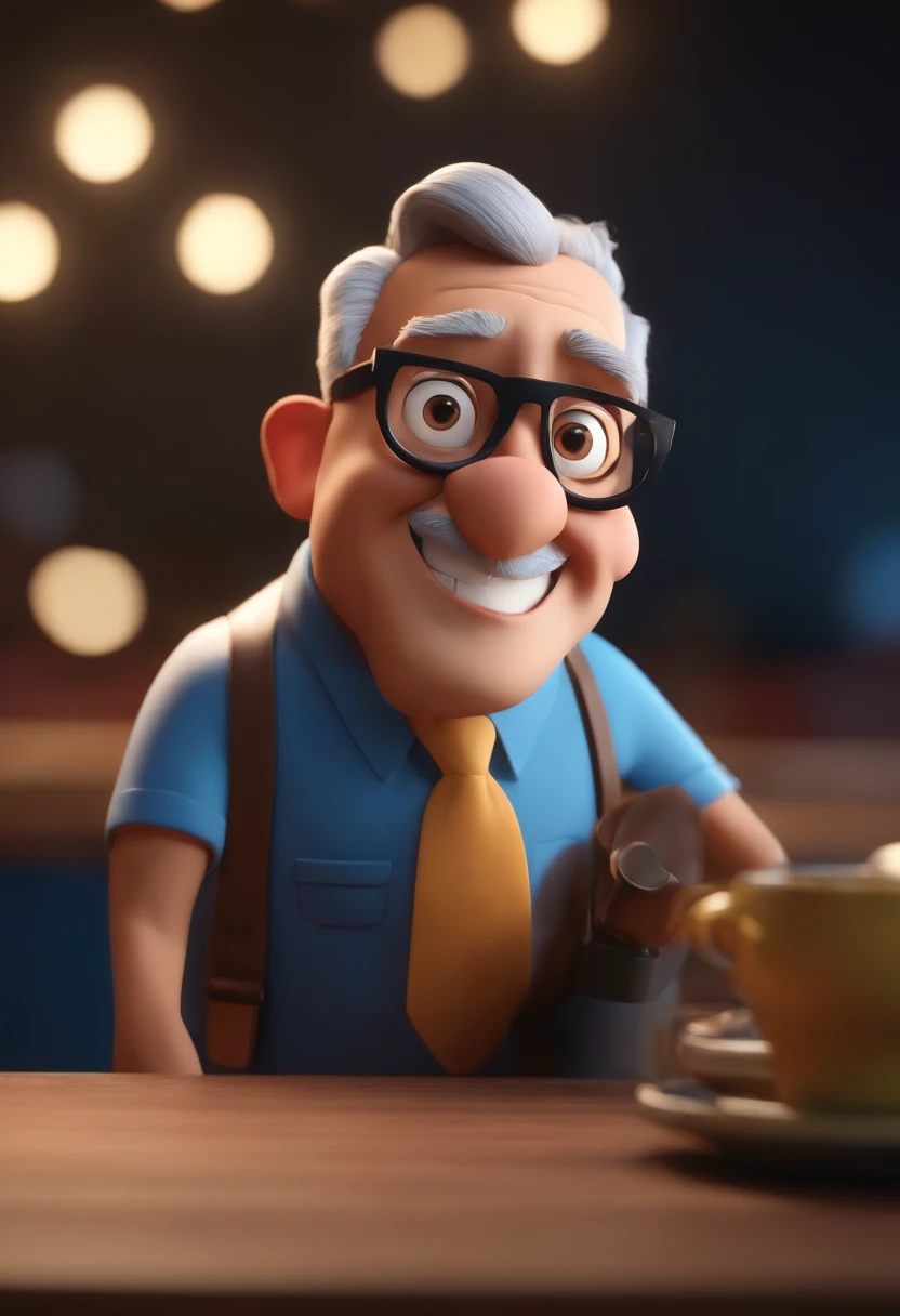 Cartoon character of a man wearing black glasses and a blue shirt, um personagem animado, Caractere estilizado, animation style rendering, 3D estilizado, Arnold Maya render, 3 d render stylized, toon render keyshot, Personagem 3D, Personagem 3D, 3d rendering stylized, 3 d character render, personagem de desenho animado, Personagem de close up, Pose de personagem, (Estilo Pixar) (master part:1.2) (Bokeh) (best quality) (pele detalhada) (textura detalhada) (8k) (argila) (Cinematic lighting) (foco nítido，Senta e vaza a parte superior do corpo