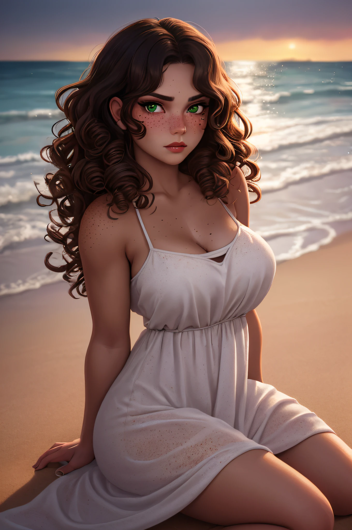 (sharp focus:1.2), photo, attractive mixed woman, (beautiful face:1.1), detailed eyes, luscious lips, (cat eye makeup:0.85), (large eyes:1.0), (toned body:1.2), (curly hair:1.2), wearing (sundress:1.2) sitting on a (beach:1.2). (moody lighting:1.2), depth of field, bokeh, 4K, HDR. by (James C. Christensen:1.2|Jeremy Lipking:1.1), body freckles, green eyes, freckles, beauty marks, sandy skin, sand on skin