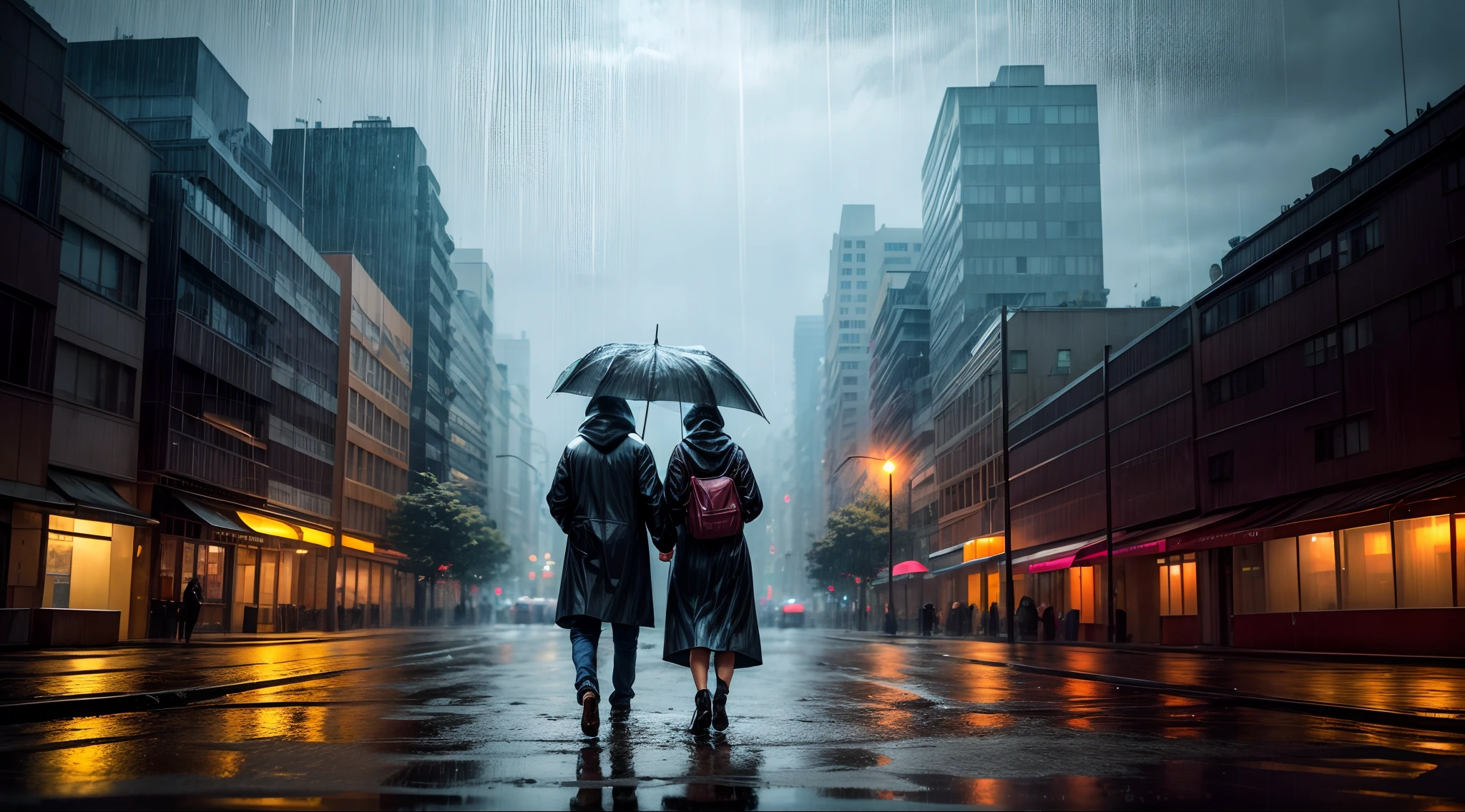 a rainy night in a city street. The street is wet from the rain, and there are puddles on the ground. The streetlights are on, casting a warm glow on the street. There are people walking along the sidewalk, some carrying umbrellas and others with hoods up. In the distance, you can see the silhouette of tall buildings against the dark sky. The rain falls steadily, creating a soft background noise as it hits the pavement. The overall mood of the image is quiet and reflective, with a sense of solitude and contemplation in the midst of the bustling city.