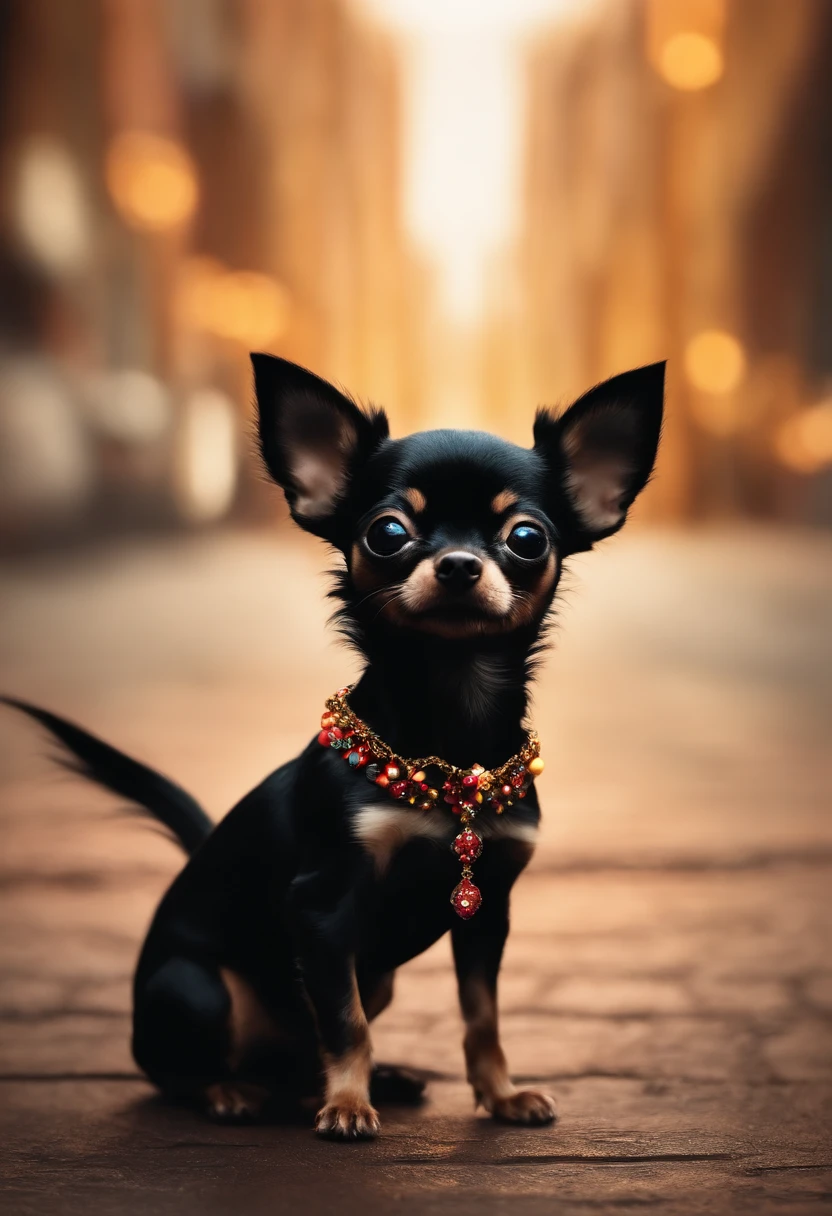 Create a poster inspired by Disney Pixar movies, including a black and tiny chihuahua sitting on the ground. The poster is titled 'BRI”.Digital art should be in the Pixar style, reminiscent of an animated feature.