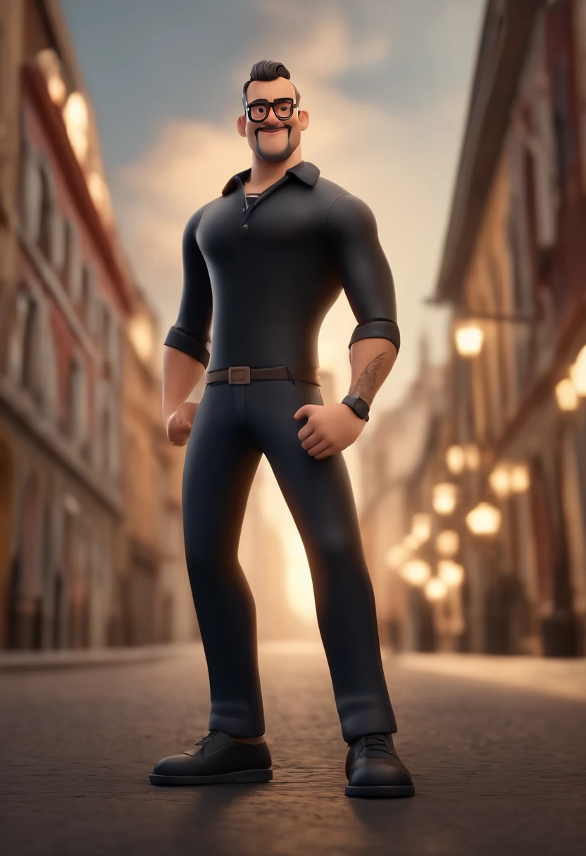 Cartoon character of a man with black glasses and a black polo shirt, cabelo liso, With beard and old school tattoo on his arm, animation character, Caractere estilizado, animation style rendering, 3D estilizado, Arnold Maya render, 3 d render stylized, toon render keyshot, Personagem 3D, Personagem 3D, 3d rendering stylized, 3 d character render, personagem de desenho animado, Personagem de close up, Pose de personagem,  (Estilo Pixar) (master part:1.2) (Bokeh) (best quality) (pele detalhada) (textura detalhada) (8k) (argila) (Cinematic lighting) (foco nítido