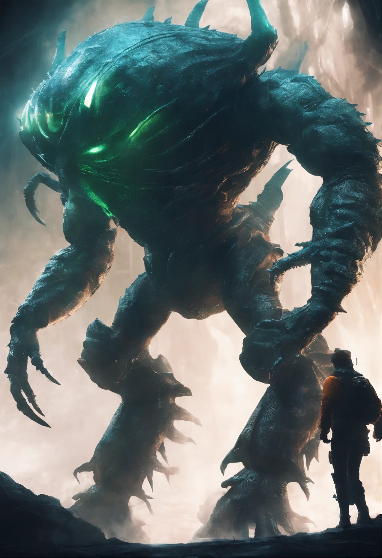 (A giant crab in the mist stands in front of the wizard), giant crab, a creature 5 meters tall, The shell of the giant crab is dark green, flat, Wide oval, Shiny, Very hard and smooth. The crust has a thick texture,It is resistant to all kinds of environmental stresses. The head is more developed. There is a pair of large, Protruding compound eyes,The texture is like crystal. The antenna is long and flexible. The length is about 1/3 The width of the crab's body, On the top of the head, There is a pair of small pliers, elden ring monster, huge creature,giant crab, giant ethereal creature,
afterimage, Dutch angle, From below, Sony FE GM, Chiaroscuro, Blurry, hyper HD, Masterpiece, Textured skin, Super detail, High details, High quality, Award-Awarded, Best quality, A high resolution, 8K,Epic,sci-fy,Futuristic fantasy,Cartoony,