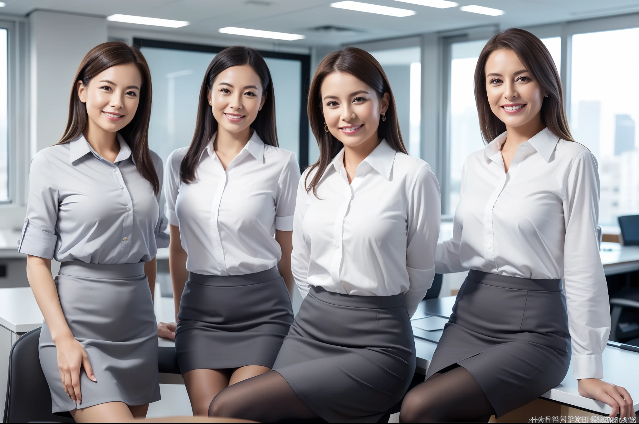 ((Best Quality, 8k, Masterpiecedetails, ultra-high resolution)), (group picture),(looking at the viewer), (full shot:), attractive business 5 milfs, 5 people, a bit chubby:0.25, seductive expression, white collared shirt, grey skirt, (sitting with cross legs on office desks)), smile, office of CEO