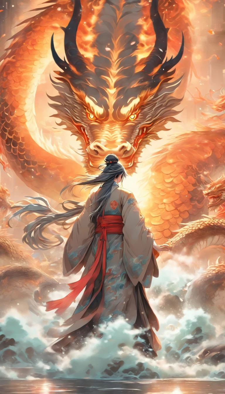 China style，中景 the scene is，The Taoist priest stood in front of a huge transparent dragon，reaching out her hands，Long messy hair，Glow effect，Hyper-realistic，Ultra photo realsisim，Chinese black and white ink style，Silver，Decolorization，Smudge，Inky，8K，super-fine，high qulity，OC renderer