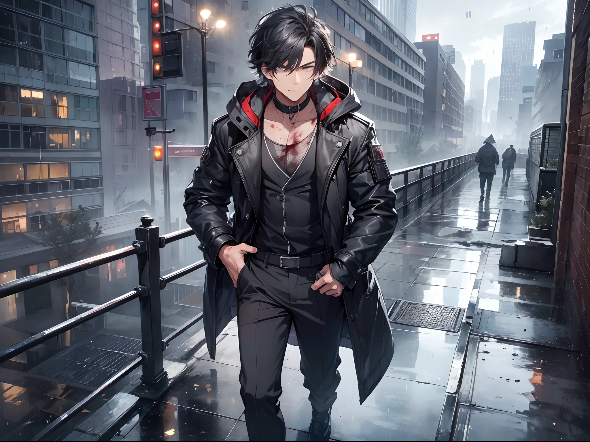 ((masterpiece)), (((best quality))), ((disheveled hair)),(1man)，solo, black footwear，black gloves ，black pants, blood on clothes，black coat，building，bulletproof vest，A broken building, city，cityscape，cloud，cloudy sky，coat，??????，gloves，grey coat，hood，hood down，hooded coat，keep out，open coat，outdoors，pants，railing，rain，rooftop，sky，skyscraper，(Heavy rains), (1man), solo, beautiful detailed eyes, {{{masterpiece}}}, {{{best quality}}}, {{ultra-detailed}}, {illustration}, cinematic angle, {beautiful detailed eyes}, {detailed light},cinematic lighting, handsome man, very short hair