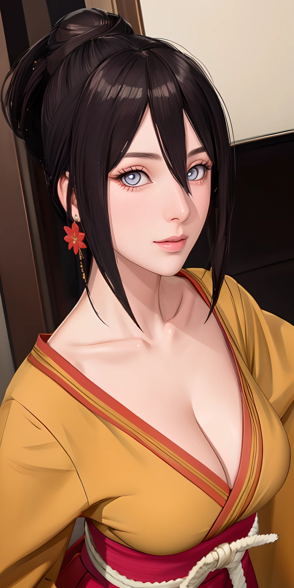 （ （（Hinata flower proportions， 1girll， 独奏， orange kimono， Red hakama skirt， obi strip， Wide sleeves， White pupils，looking at viewert， Low hair tied long，））），，((Masterpiece)),A high resolution, ((Best quality))，tmasterpiece，top-quality，best qualityer，（（（ Exquisite facial features，looking at viewert, There is light in the eyes））），（（（Light and shadow interlace，huge boob，white skinned，laughingly，self-assured））），（（（Close-up of a woman posing for a photo, beautiful Korean women, halter top, Gorgeous young Korean woman, halter top, attractive neck, Korean girl, 2 4 year old female model, Cute girl, side boobs）））