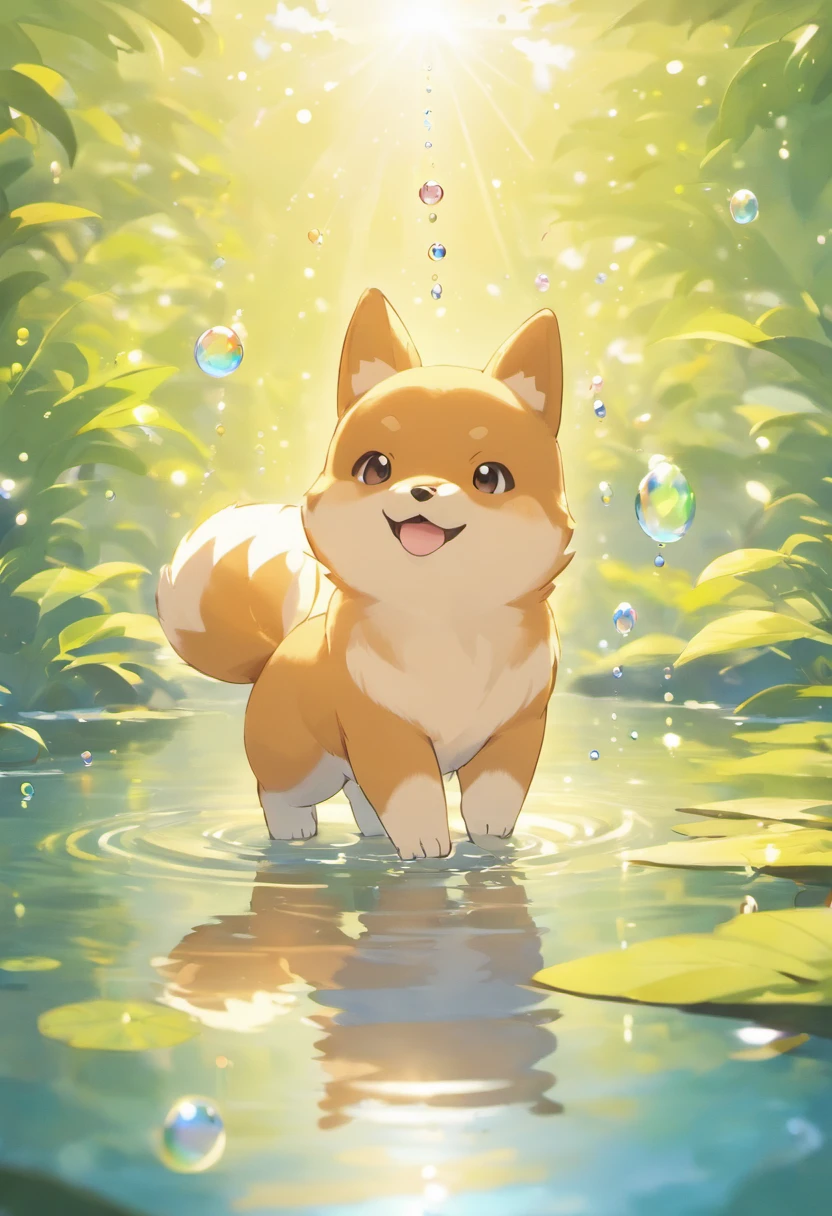 An inspiring ultra-high definition 3D scene，The Shiba Inu was shown, Pokémon make a wish by a quiet lake. Beautifully rendered down to the smallest detail, See the bubbles gently blowing into the air, Everyone has hopeful desires. Bubbles capture the reflection of the setting sun, Be a dreamer, Magical effect. The overall atmosphere is soft, Full of hope and tranquility