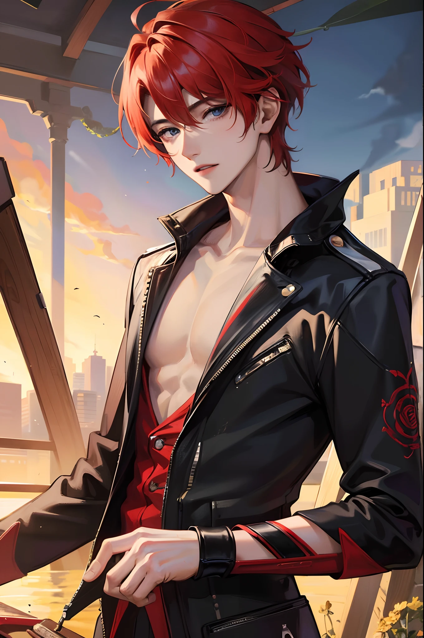 man, vampire, masculine, masculine face, attractive, muscular, ((1man)), masterpiece, absurdres, best quality ,intricate details , (shiny skin, shiny body, shiny oily luster skin, shiny hair, pale skintone), old castle, Sundown, attractive, ((muscular)), adult, one, tattoo in his chest ,black blouse, earrings, black pants, Don't look at the view , Not looking at the view, red short hair, perfect detailed face, perfect detailed hands, vampire fangs, blue eyes, ((MLS)), medium large shoot