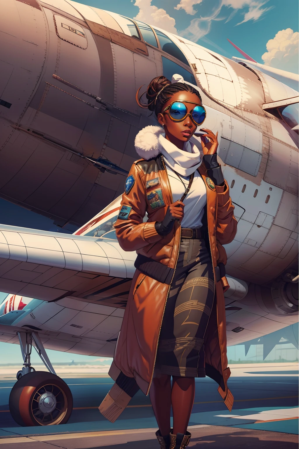 beautiful african american woman in aviator jacket, white scarf and aviator bomber hat with goggles standing next to a plane, digital painting, digital illustration, extreme detail, digital art, 4k, ultra hd. her skin is a deep, rich color and her hair is pulled back in a bun