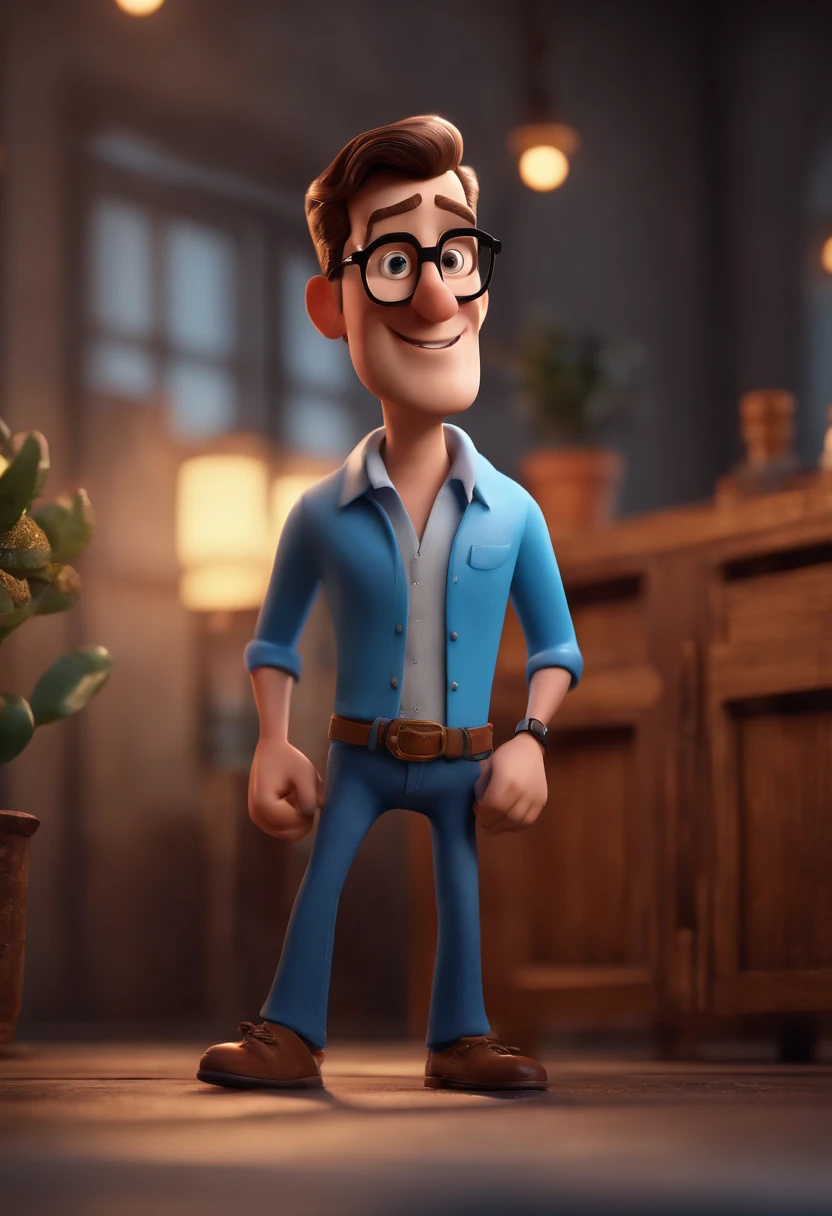 Cartoon character of a man with black glasses and a blue shirt, animation character, Caractere estilizado, animation style rendering, 3D estilizado, Arnold Maya render, 3 d render stylized, toon render keyshot, Personagem 3D, Personagem 3D, 3d rendering stylized, 3 d character render, personagem de desenho animado, Personagem de close up, Pose de personagem, (Estilo Pixar) (master part:1.2) (Bokeh) (best quality) (pele detalhada) (textura detalhada) (8k) (argila) (Cinematic lighting) (foco nítido