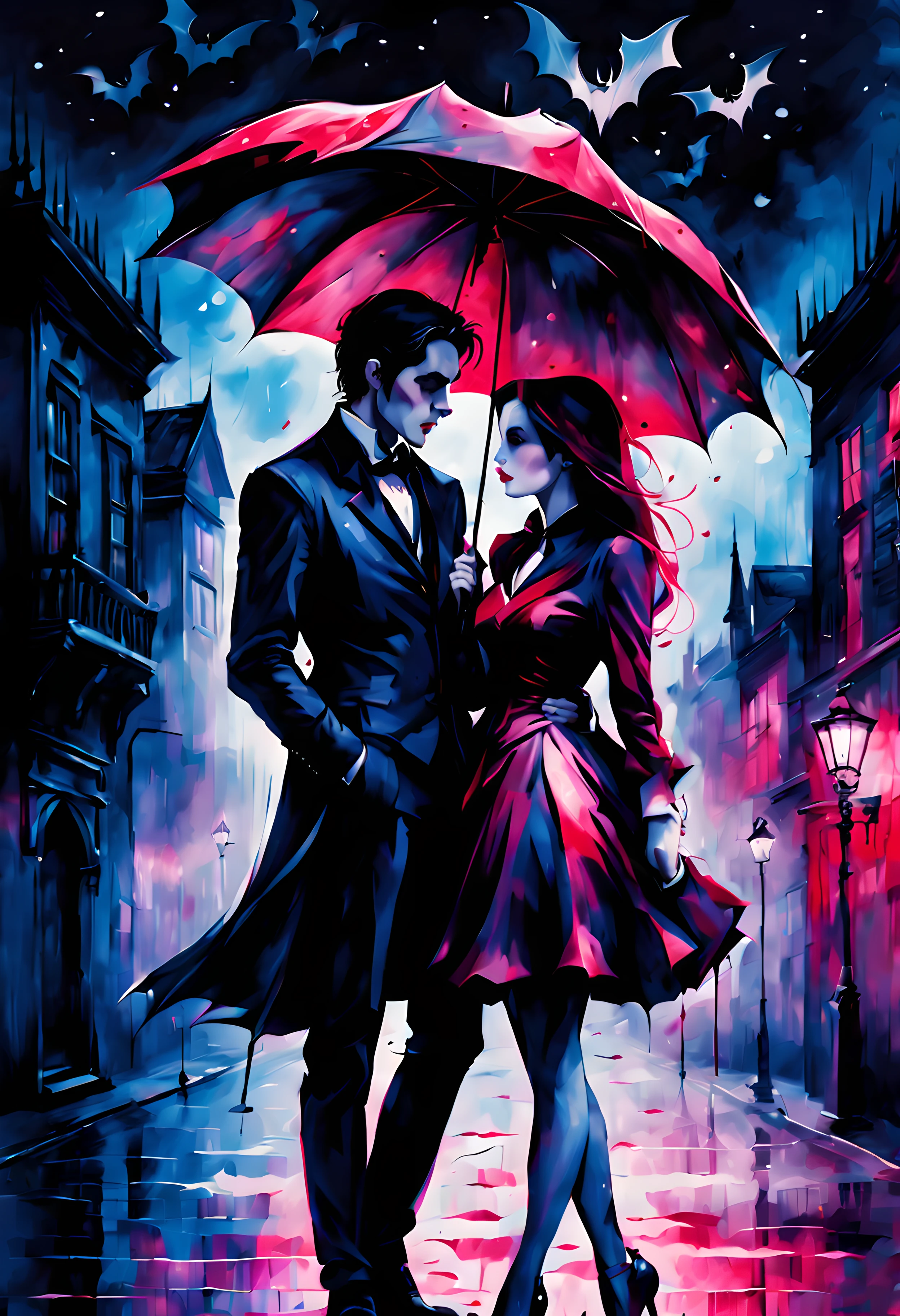 Colorsplash, (side view:1.3), (rainy:1.2) starry moonlit night, a (noble vampire love couple) under a big umbrella with rosy print, ((gothic street background)), ((bats)), Bloodborne vibes