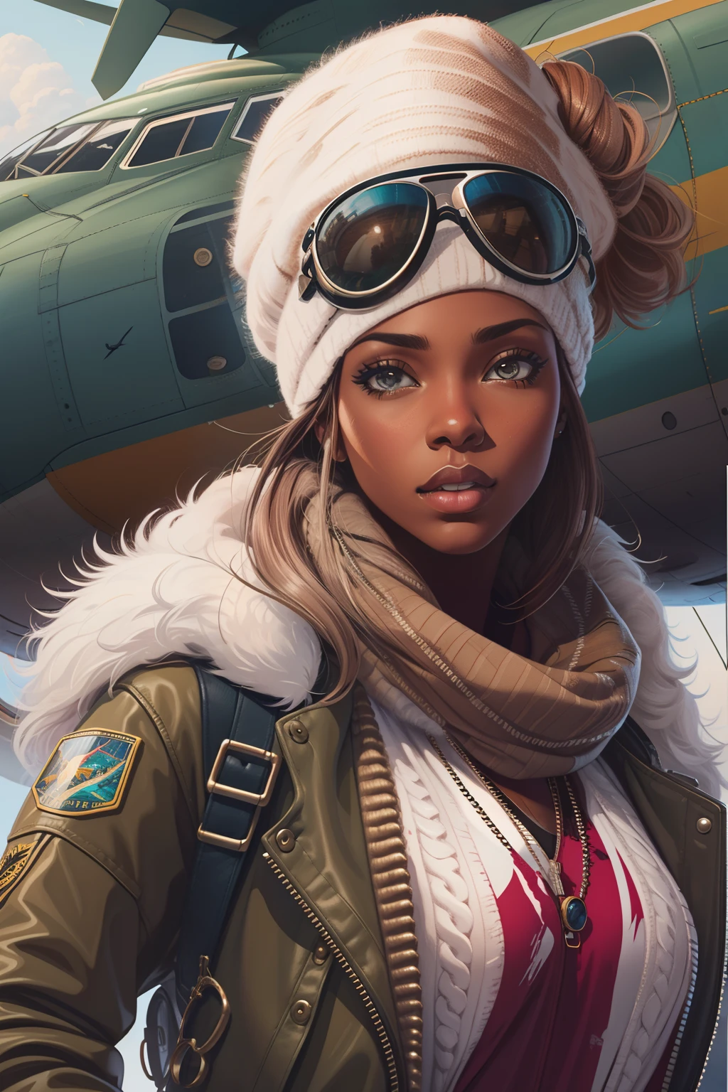 beautiful african american woman in aviator jacket, white scarf and aviator bomber hat with goggles standing next to a plane, digital painting, digital illustration, extreme detail, digital art, 4k, ultra hd. her skin is a deep, rich color and her hair is pulled back in a bun