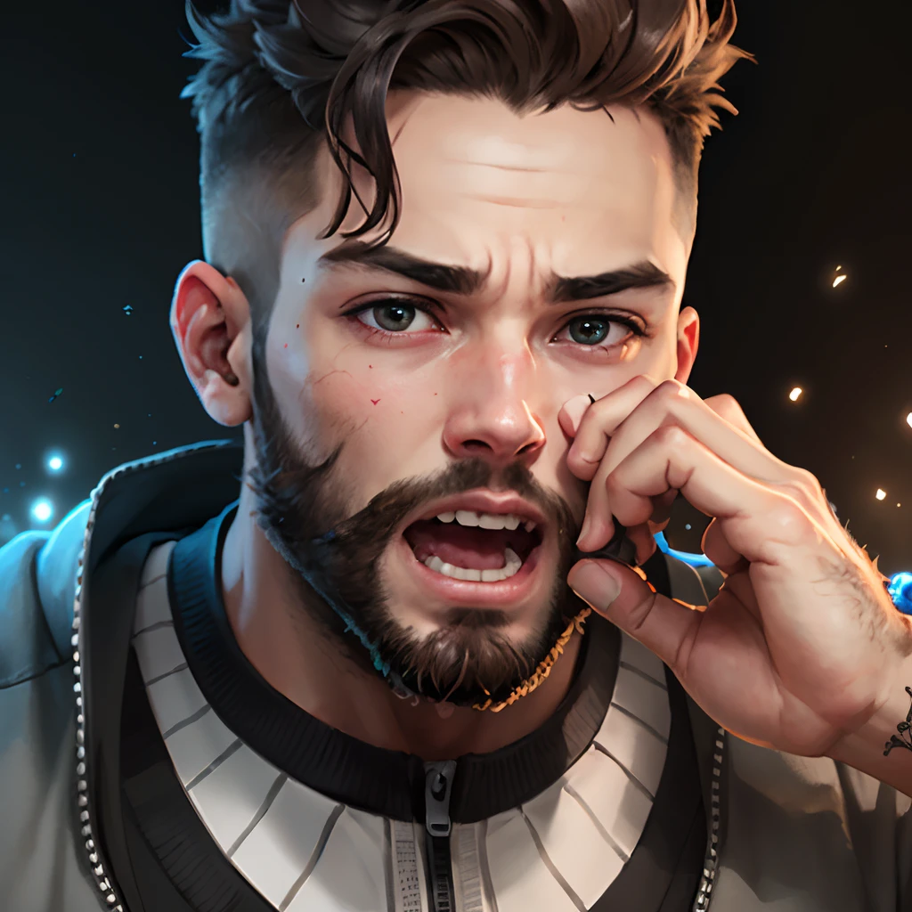 young man of approximately 25 years old with a beard, open mouth impressed by something, hand under his face, big eyes,