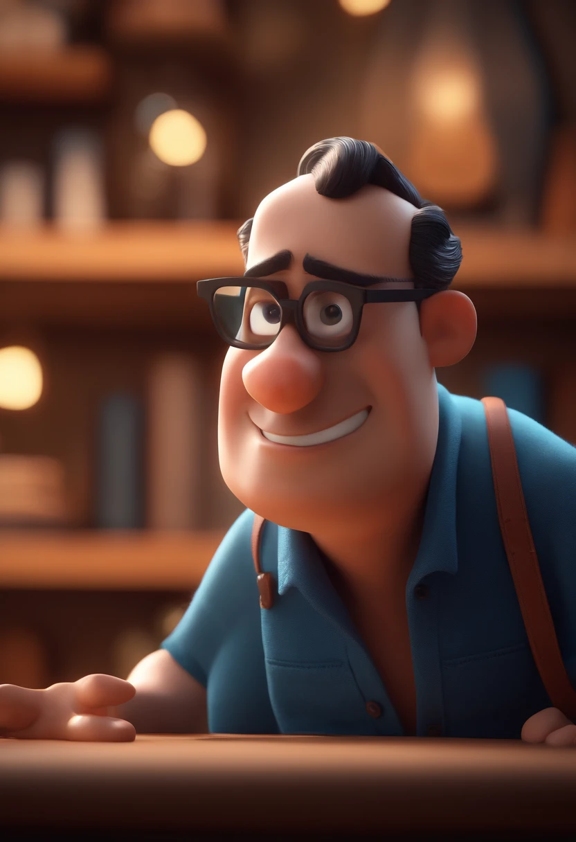 Cartoon character of a man with black glasses and a blue shirt, animation character, Caractere estilizado, animation style rendering, 3D estilizado, Arnold Maya render, 3 d render stylized, toon render keyshot, Personagem 3D, Personagem 3D, 3d rendering stylized, 3 d character render, personagem de desenho animado, Personagem de close up, Pose de personagem,  (Estilo Pixar) (master part:1.2) (Bokeh) (best quality) (pele detalhada) (textura detalhada) (8k) (argila) (Cinematic lighting) (foco nítido