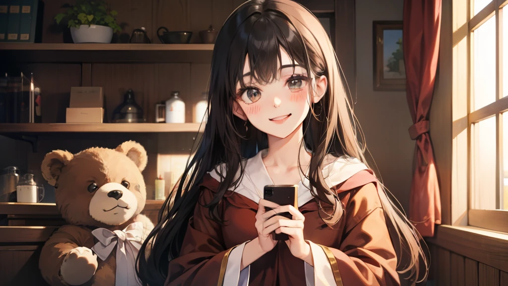 girl with、With background、A dark-haired、The long-haired、with blush cheeks、Embarrassing、brown robes、Onepiece、Keeping a stuffed brown bear、Stuffed Bear、frilld、bow ribbon、Smiling、kawaii、Boken、Warm atmosphere