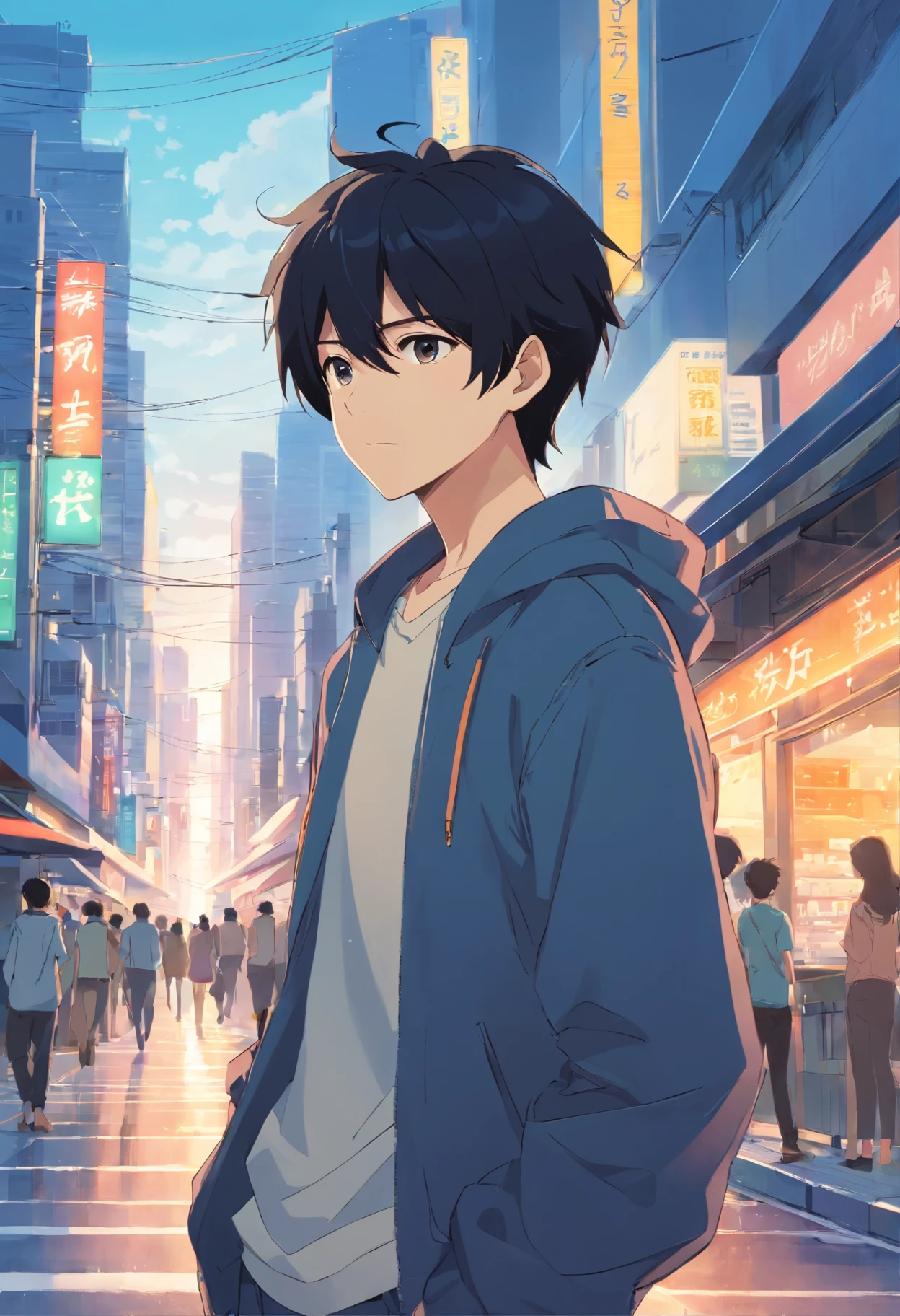 A black haired man in a city and he is 's old