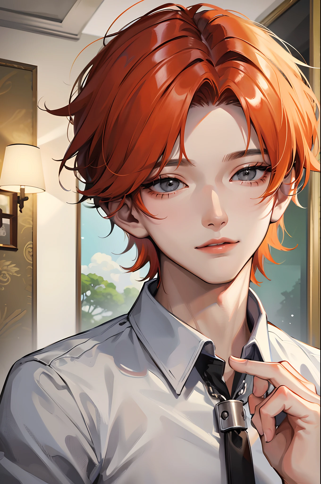 1 boy, Absurdres masterpiece HDR high quality portrait of a korean handsome boy with orange short hair and gray eyes