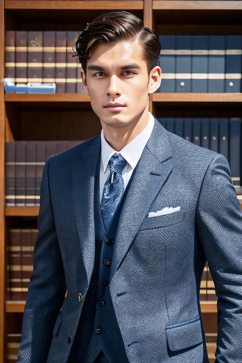 Man in suit and tie, Dressed in a suit, Wear a strict business suit, Wear a navy blue business suit, Wear a wetsuit, attractive man, completo , face perfect, Beautiful and graceful straight gaze,No beard (clean shaven),Blue tie with paisley pattern,japanes,twinks,The place is the library,