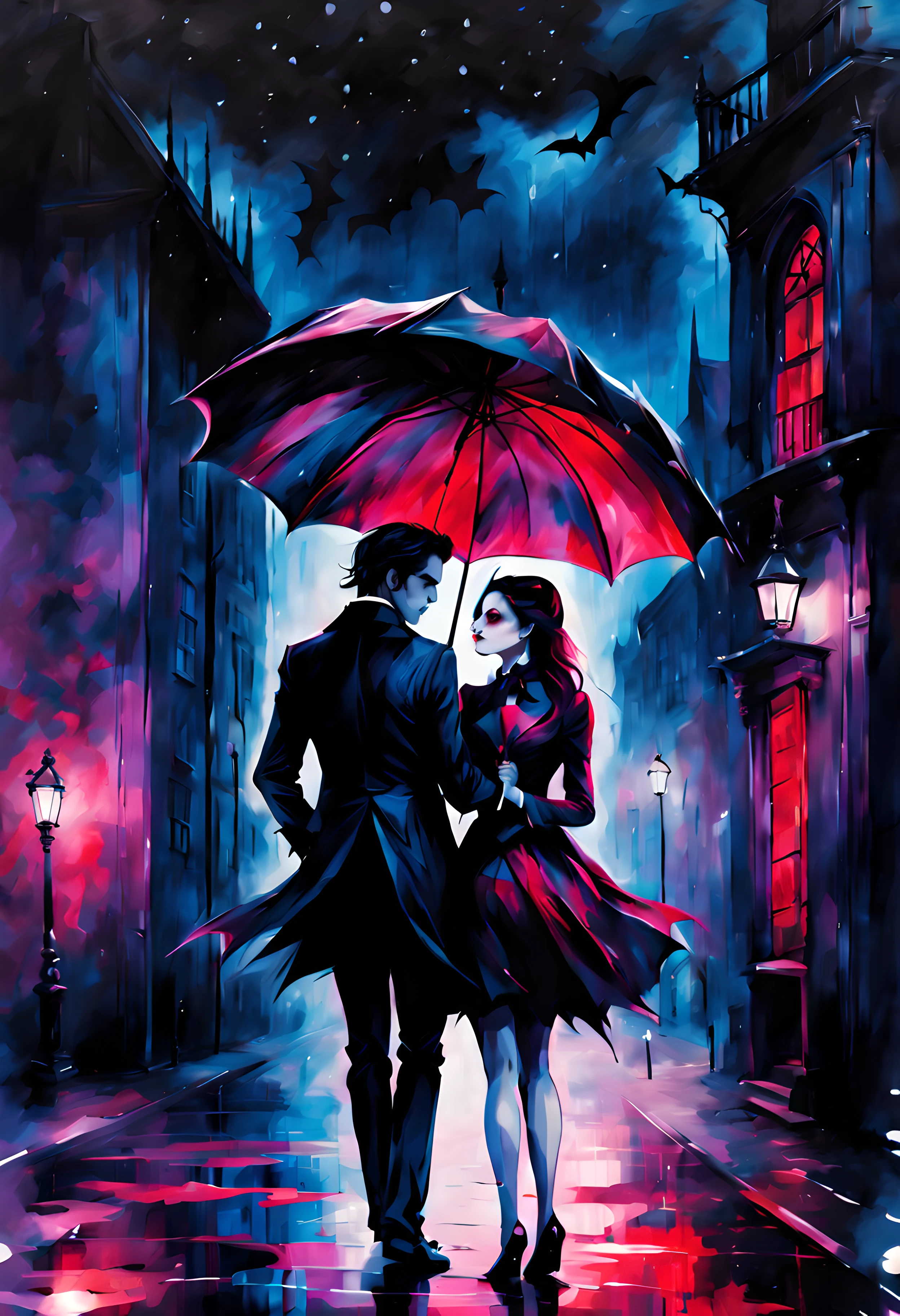 Colorsplash, (side view:1.3), (rainy:1.2) starry moonlit night, a (noble vampire love couple) under a big umbrella with rosy print, ((gothic street background)), ((bats)), Bloodborne vibes