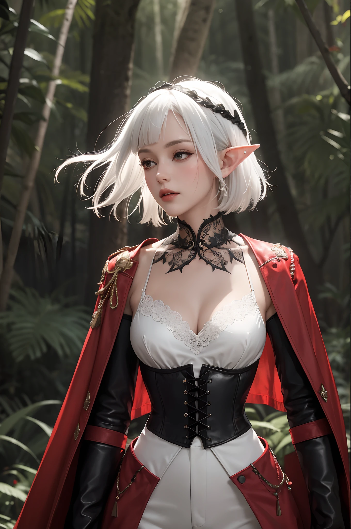 1 perfect beautiful 26 years old female,upperbody,in fantasy style,elf ears, (white hair), short hair,with bangs, detailed hair accessories,detailed red pirate coat with jewelry, in the forest, dim light, unadulterated elegance, red coat, black corset, white blouse, black leather pants. The bodice is fitted, accentuating the wearer's figure, and is adorned with intricate lace detailing that adds a touch of sophistication and femininity, and the back dips into a low V, adding a hint of allure.