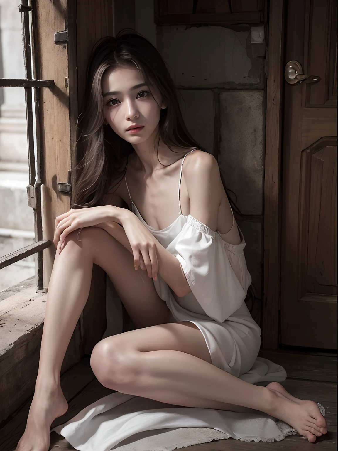 (Photorealistic),(Masterpiece),(ultra-detailed),a very pretty 20 year old girl who has not eaten for 10 years, extremely thin and frail, arm and legs extremely thin as a stick with no fat, extremely malnourished,smiling faintly, feeling but enduring extreme hunger, wearing a long and loose white silk dress, long hair,big eyes, extremely small face,have no fat,extremely weak,whole body,extremely feeble,sitting,legs and thighs extremely thin as arms,have almost no energy because she is extremely starving and malnourished, struggling to sit up,almost starving to death