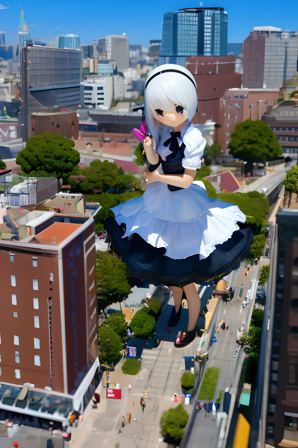 1girl, solo, tiltshift, city, long hair, skirt, giantess, depth of field, yorha no. 2 type b, white hair, short hair, chibi