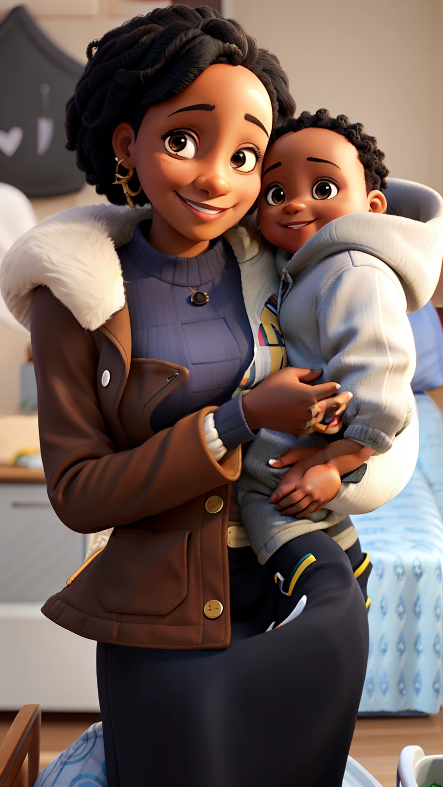 Black mother smiling with her baby on her lap , Baby smiling ,Light-skinned baby