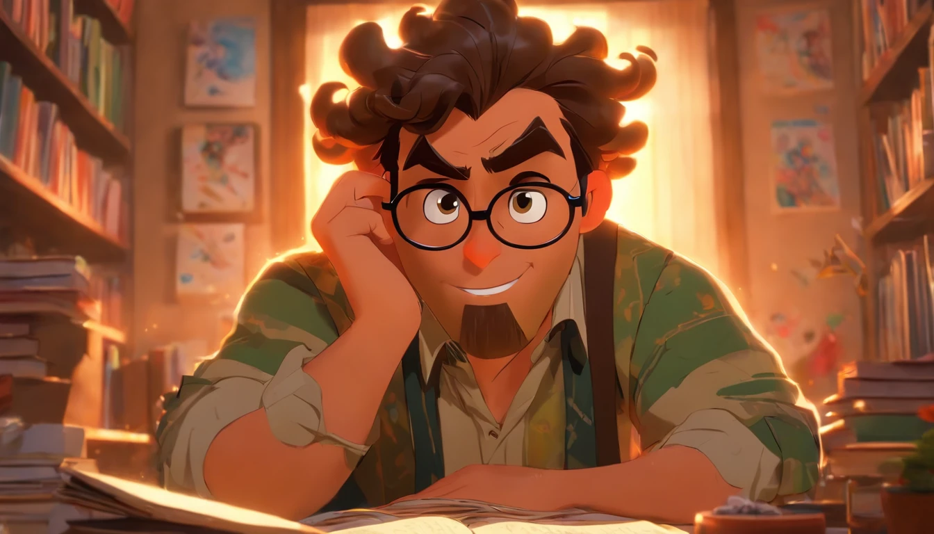 Crie um cartaz inspirado na Disney Pixar com o personagem sendo o pastor Rubens Janier, A 36 year old man with dark brown hair wearing glasses, In an office with a notebook on the desk