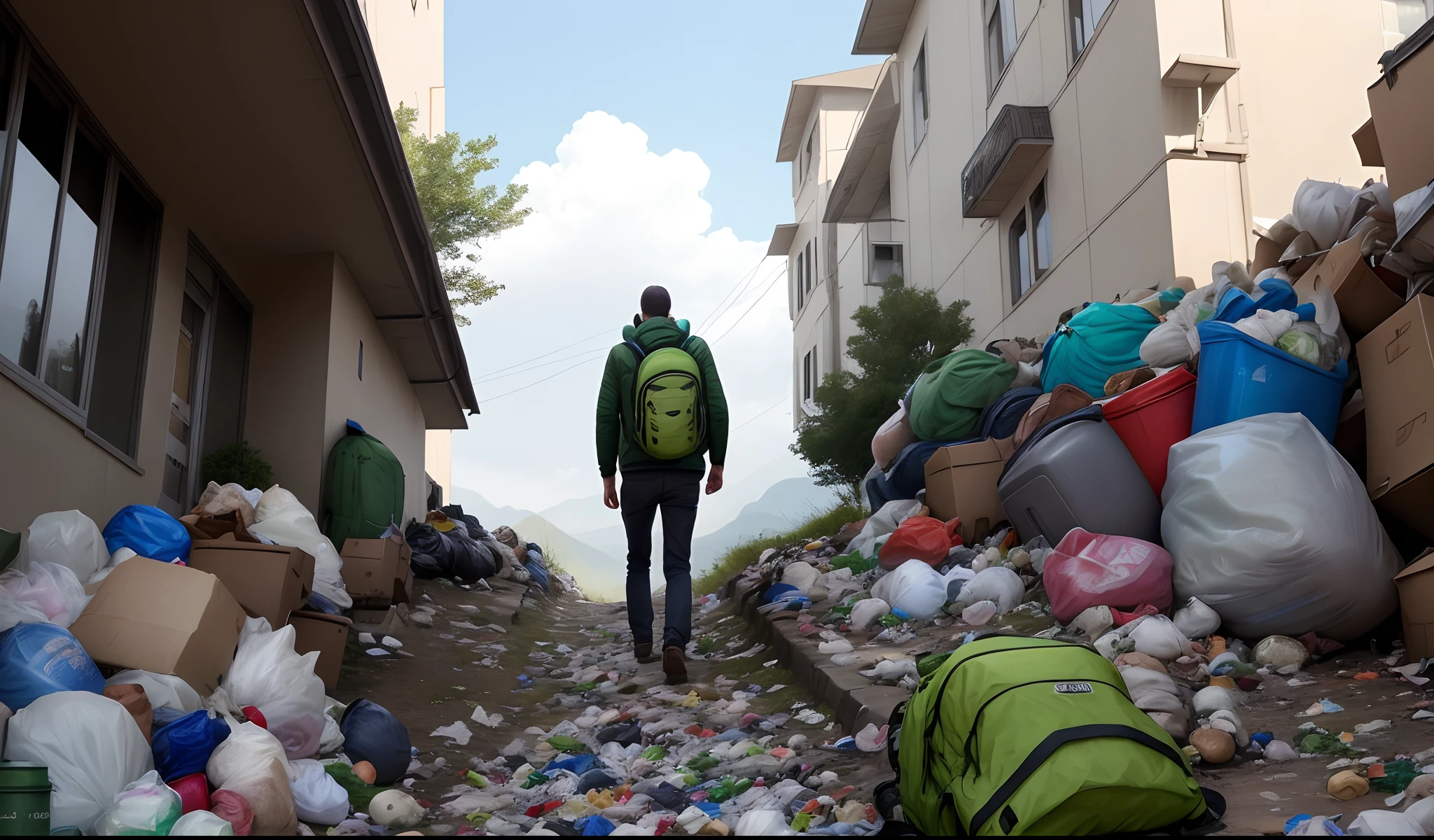 A man climbs a mountain of garbage with a green backpack on his back