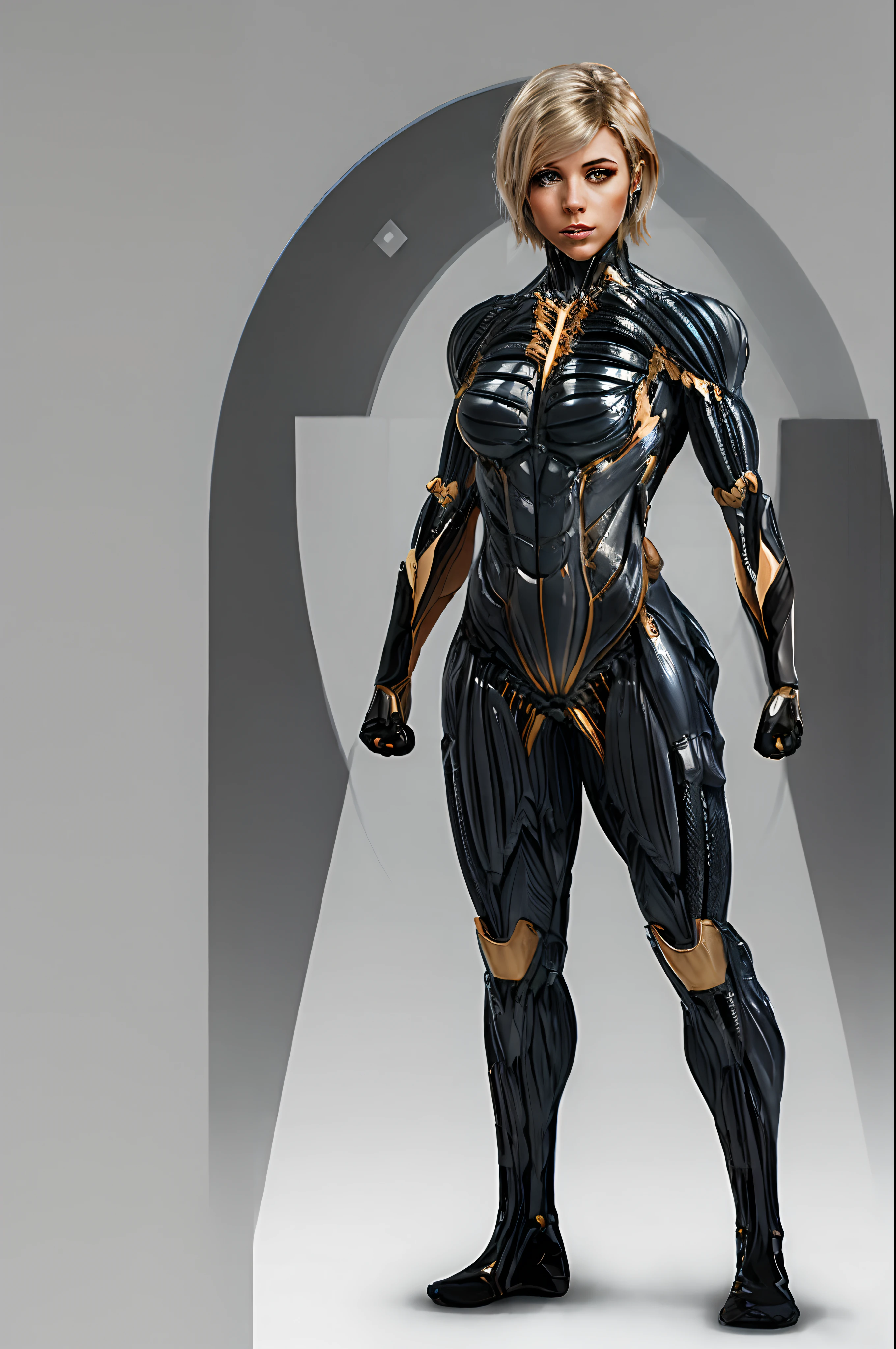 1girl, blonde hair, short hair, nanosuit