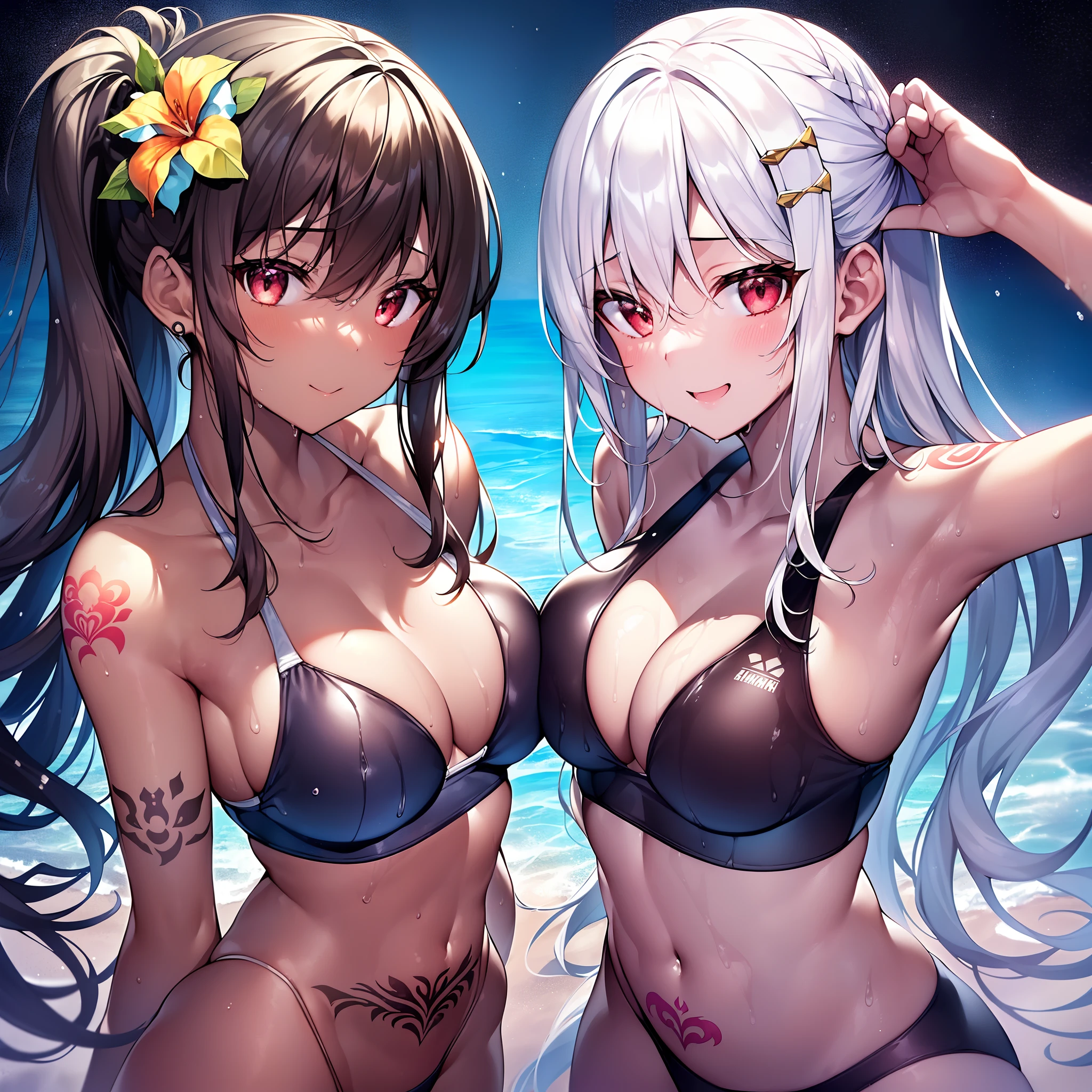 Outrageous resolution、masutepiece++,top-quality++,ultra-defined++, ultra-defined++,4K++,8K++,(Background Focus)++, Watching from behind、Back view、close-up、Highly detailed, Viewer's Perspective、((Tropical sandy beach))++、((Brown-skinned girl))++, ((Twin girls)), ((((white school swim suit)))++++,(((Black skin)))+++,(((hair adornments)))++++,((white school swim suit))++,((Sexy tattoos)) ++,((Brown-skinned))++,(Floral hair ornament) +,(Sharp eyes)、(white hair),(Red eyes)、(The long-haired)、(Straight hair)、(small tits)、(Super shiny hair and skin), (Sunlight),((Beautiful)), Sweaty body,Dynamism, A lively smile, Perfect eyes, Perfect hands, Perfect nose, Magic Battle Dark, Bright atmosphere, (wet effect) +, (light effect), (Cinematic Light) + , (Like a movie of light) +