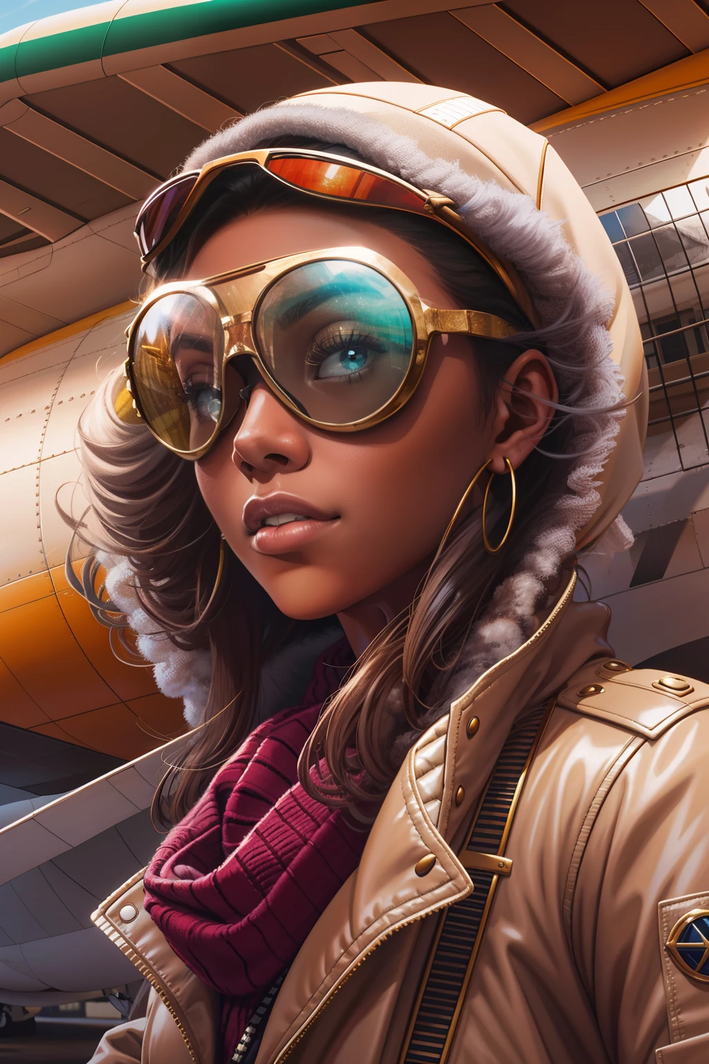 beautiful african american woman in aviator jacket, white scarf and aviator bomber hat with goggles standing next to a plane, digital painting, digital illustration, extreme detail, digital art, 4k, ultra hd. her skin is a deep, rich color and her hair is pulled back in a bun