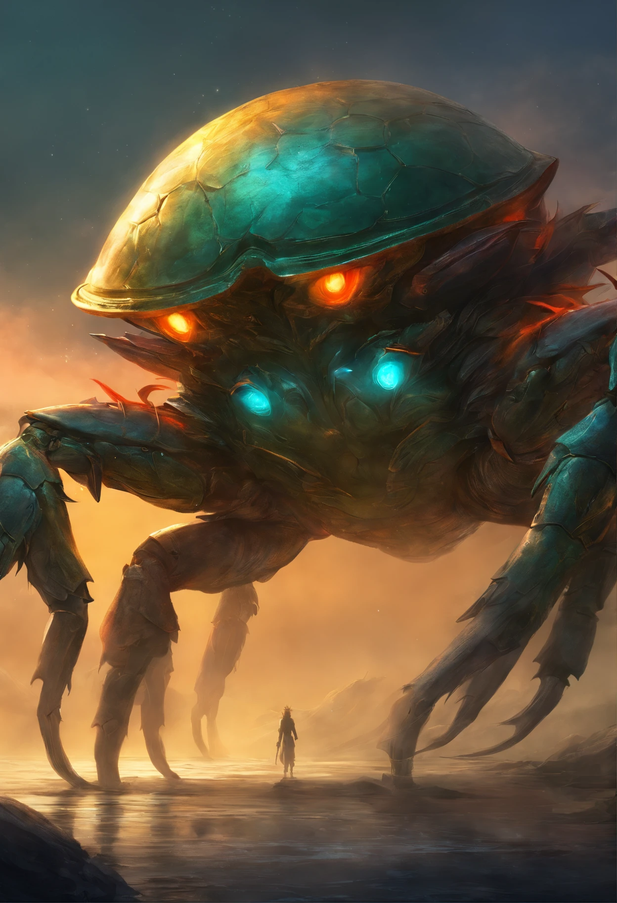 (A giant crab in the mist stands in front of the wizard), giant crab, a creature 5 meters tall, The shell of the giant crab is dark green, flat, Wide oval, Shiny, Very hard and smooth. The crust has a thick texture,It is resistant to all kinds of environmental stresses. The head is more developed. There is a pair of large, Protruding compound eyes,The texture is like crystal. The antenna is long and flexible. The length is about 1/3 The width of the crab's body, On the top of the head, There is a pair of small pliers, elden ring monster, huge creature,giant crab, giant ethereal creature,
afterimage, Dutch angle, From below, Sony FE GM, Chiaroscuro, Blurry, hyper HD, Masterpiece, Textured skin, Super detail, High details, High quality, Award-Awarded, Best quality, A high resolution, 8K,Epic,sci-fy,Futuristic fantasy,Cartoony,