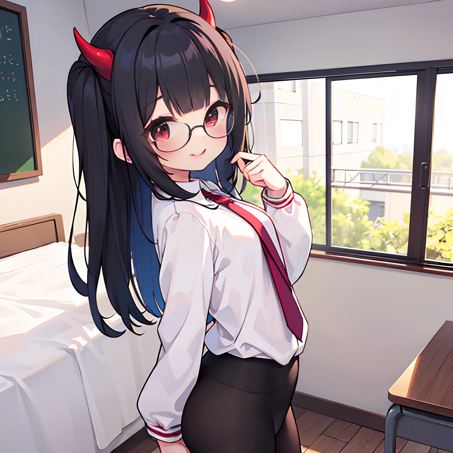 "anime girl, 1 person, black hair, shoulder-length hair, red eyes, glasses, white horns, wearing women's shirt, tie, school clothes, big breasts, tights, licking lips, small black wings on back,solo,front view, (full HD 4K+ image)"