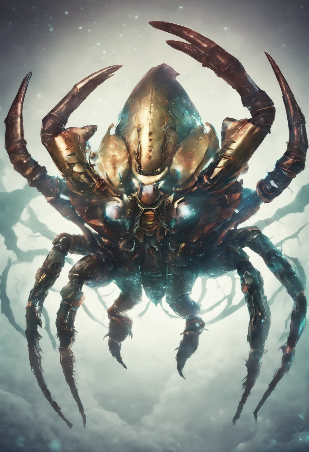 （A giant crab in the mist stands in front of the wizard）， giant crab,   a creature 5 meters tall, The shell of the giant crab is dark green, flat, Wide oval, Shiny, Very hard and smooth. The crust has a thick texture，It is resistant to all kinds of environmental stresses. The head is more developed. There is a pair of large, Protruding compound eyes，The texture is like crystal. The antenna is long and flexible. The length is about 1/3 The width of the crab's body, On the top of the head, There is a pair of small pliers, elden ring monster, huge creature,giant crab, giant ethereal creature,
afterimage, Dutch angle, From below, Sony FE GM, Chiaroscuro, Blurry, hyper HD, Masterpiece, Textured skin, Super detail, High details, High quality, Award-Awarded, Best quality, A high resolution, 8K，Epic，sci-fy，Futuristic fantasy，Cartoony，