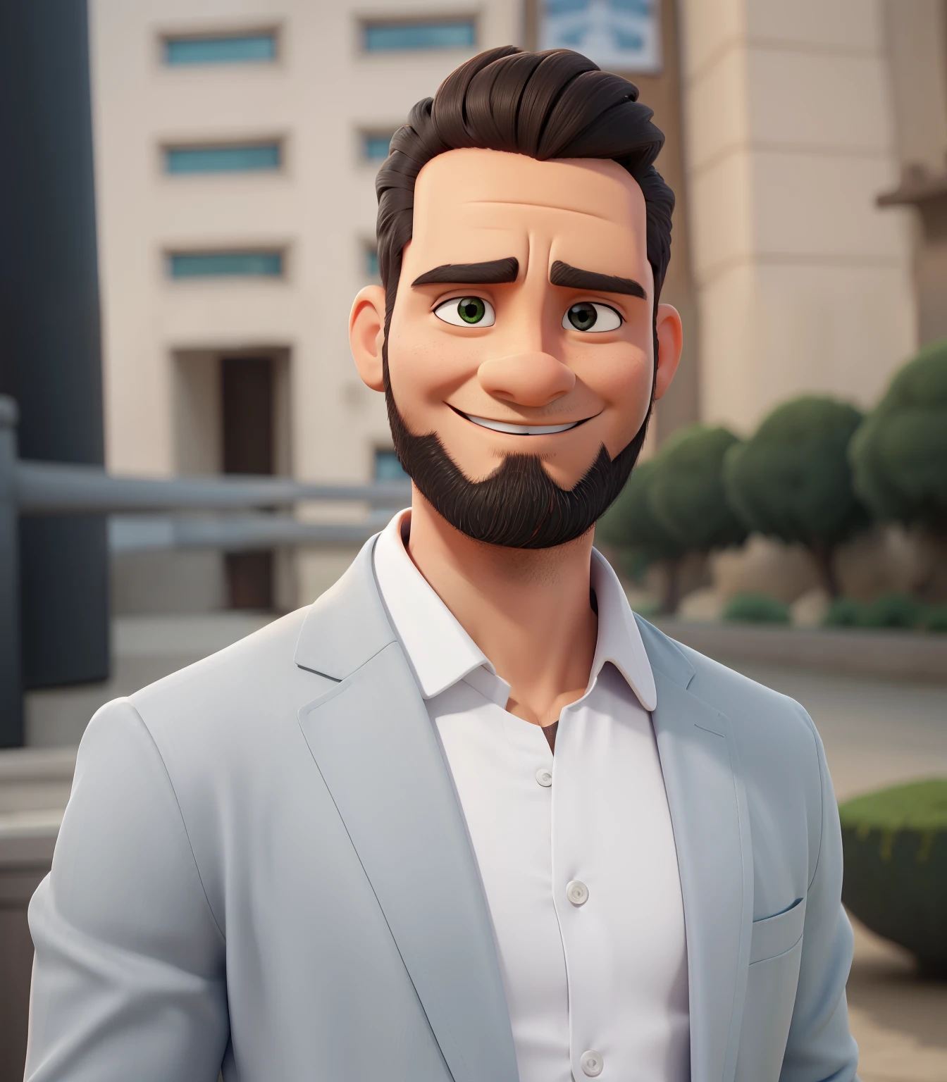 Cartoons in orange shirt and black pants, arms crossed, olhando para frente e sorrindo com os dentes aparecendo;barba grisalha por todo rosto, olhos verdes,calvo,cabelo castanho grisalho