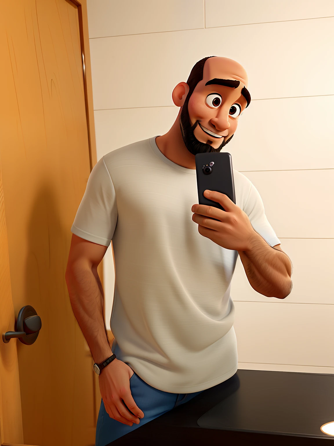 Poster no estilo Disney pixar, alta qualidade, melhor qualidade, homem 31 anos careca com barba preta, tirando foto na frente do espelho
