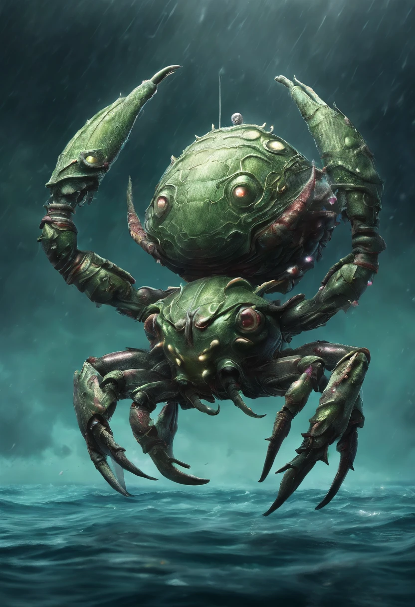 （A giant crab in the mist stands in front of the wizard）， giant crab, a creature 5 meters tall, The shell of a giant crab is dark green, flat, Wide oval, Shiny, Very hard and smooth. The crust has a thick texture，It is resistant to all kinds of environmental stresses. The head is more developed. There is a pair of large, Protruding compound eyes，Texture like crystal. The antenna is long and flexible. The length is about 1/3 The width of the crab's body, On the top of the head, There is a pair of small pliers, elden ring monster, huge creature,giant crab, giant ethereal creature,The texture is clear， Helpless people，The background of praying for the salvation of the cancer：Misty skies，rough sea，Greatwave，reef，salama， 真实感，Epic，ultraclear，afterimage, Dutch angle, From below, Sony FE GM, Chiaroscuro, Blurry, hyper HD, Masterpiece, Textured skin, Super detail, High details, High quality, Award-Awarded, Best quality, A high resolution, 8K，Epic，sci-fy，Futuristic fantasy，Cartoony，