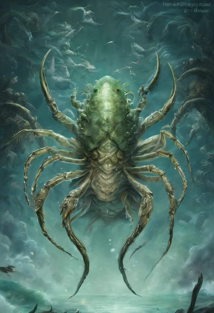 (A giant crab in the mist stands in front of the wizard), giant crab, a creature 5 meters tall, The shell of a giant crab is dark green, flat, Wide oval, Shiny, Very hard and smooth. The crust has a thick texture,It is resistant to all kinds of environmental stresses. The head is more developed. There is a pair of large, Protruding compound eyes,Texture like crystal. The antenna is long and flexible. The length is about 1/3 The width of the crab's body, On the top of the head, There is a pair of small pliers, elden ring monster, huge creature,giant crab, giant ethereal creature,The texture is clear, Helpless people,The background of praying for the salvation of the cancer:Misty skies,rough sea,Greatwave,reef,salama, 真实感,Epic,ultraclear,afterimage, Dutch angle, From below, Sony FE GM, Chiaroscuro, Blurry, hyper HD, Masterpiece, Textured skin, Super detail, High details, High quality, Award-Awarded, Best quality, A high resolution, 8K,Epic,sci-fy,Futuristic fantasy,Cartoony,