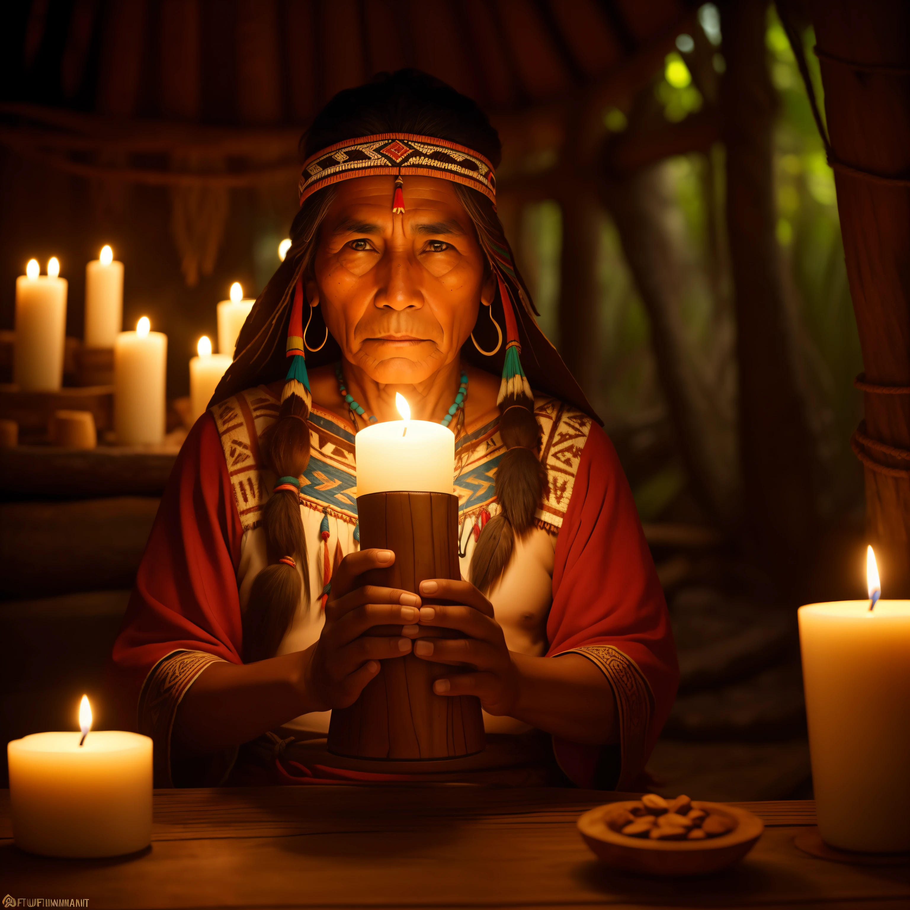 Create the image of an indigenous shaman holding a small one in one hand a rustic brown wooden cup with a lit candle, ao fundo uma imagem de uma floresta tropical