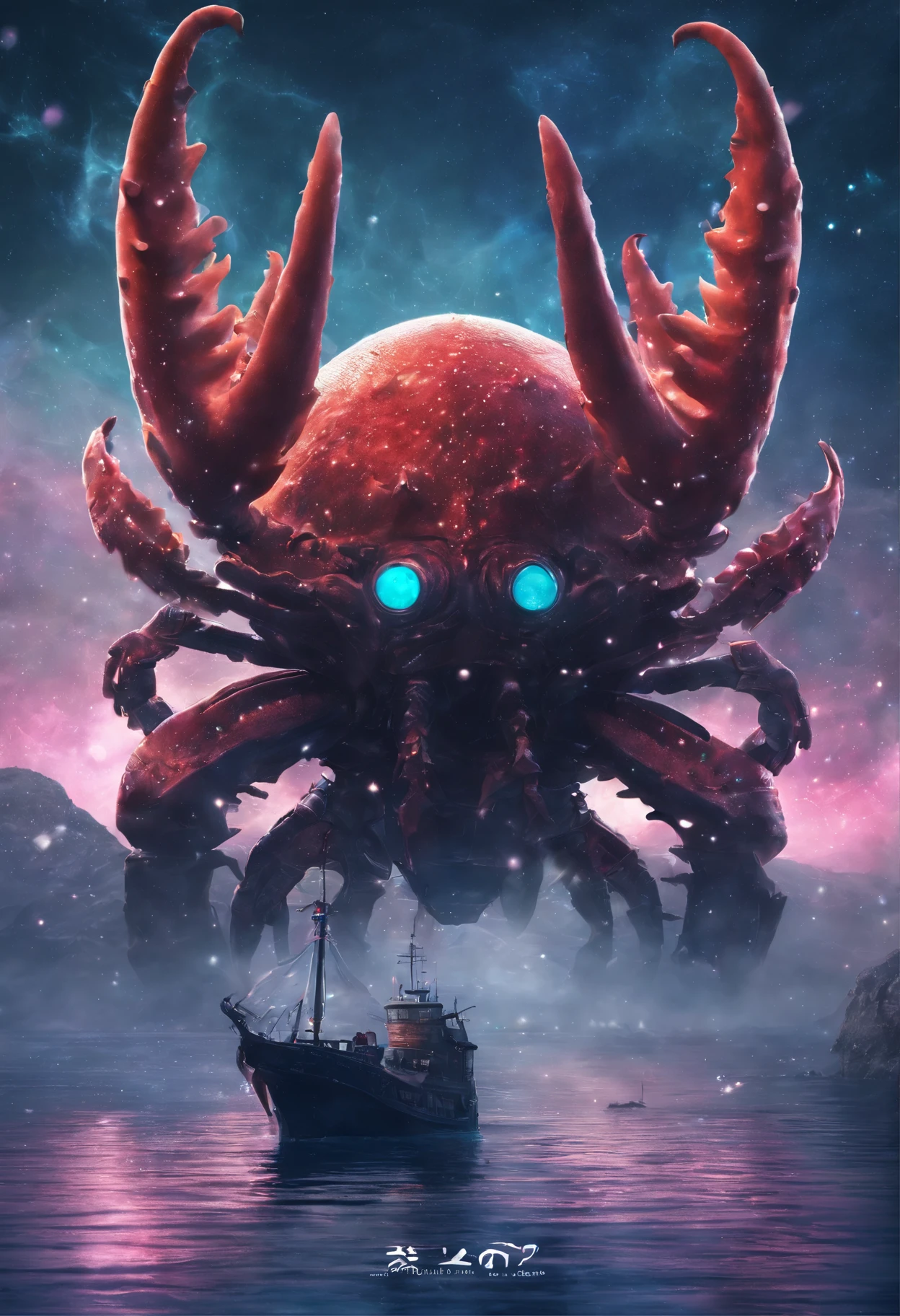 （A giant crab in the mist stands in front of the wizard）， giant crab,   a creature 5 meters tall, The shell of a giant crab is dark green, flat, Wide oval, Shiny, Very hard and smooth. The crust has a thick texture，It is resistant to all kinds of environmental stresses. The head is more developed. There is a pair of large, Protruding compound eyes，Texture like crystal. The antenna is long and flexible. The length is about 1/3 The width of the crab's body, On the top of the head, There is a pair of small pliers, elden ring monster, huge creature,giant crab, giant ethereal creature,The texture is clear，
Helpless people，I am praying for the salvation of the Cancer
background：Misty skies，rough sea，Greatwave，reef，salama，
真实感，Epic，ultraclear，afterimage, Dutch angle, From below, Sony FE GM, Chiaroscuro, Blurry, hyper HD, Masterpiece, Textured skin, Super detail, High details, High quality, Award-Awarded, Best quality, A high resolution, 8K，Epic，sci-fy，Futuristic fantasy，Cartoony，