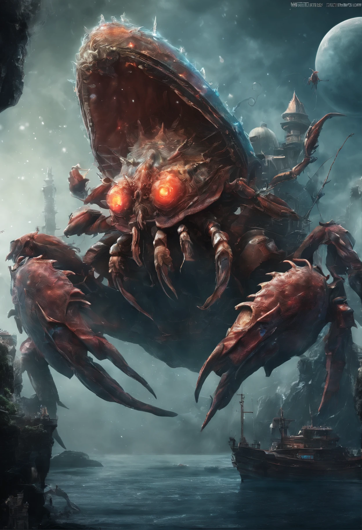 (A giant crab in the mist stands in front of the wizard), giant crab, a creature 5 meters tall, The shell of a giant crab is dark green, flat, Wide oval, Shiny, Very hard and smooth. The crust has a thick texture,It is resistant to all kinds of environmental stresses. The head is more developed. There is a pair of large, Protruding compound eyes,Texture like crystal. The antenna is long and flexible. The length is about 1/3 The width of the crab's body, On the top of the head, There is a pair of small pliers, elden ring monster, huge creature,giant crab, giant ethereal creature,The texture is clear,
Helpless people,I am praying for the salvation of the Cancer
background:Misty skies,rough sea,Greatwave,reef,salama,
真实感,Epic,ultraclear,afterimage, Dutch angle, From below, Sony FE GM, Chiaroscuro, Blurry, hyper HD, Masterpiece, Textured skin, Super detail, High details, High quality, Award-Awarded, Best quality, A high resolution, 8K,Epic,sci-fy,Futuristic fantasy,Cartoony,