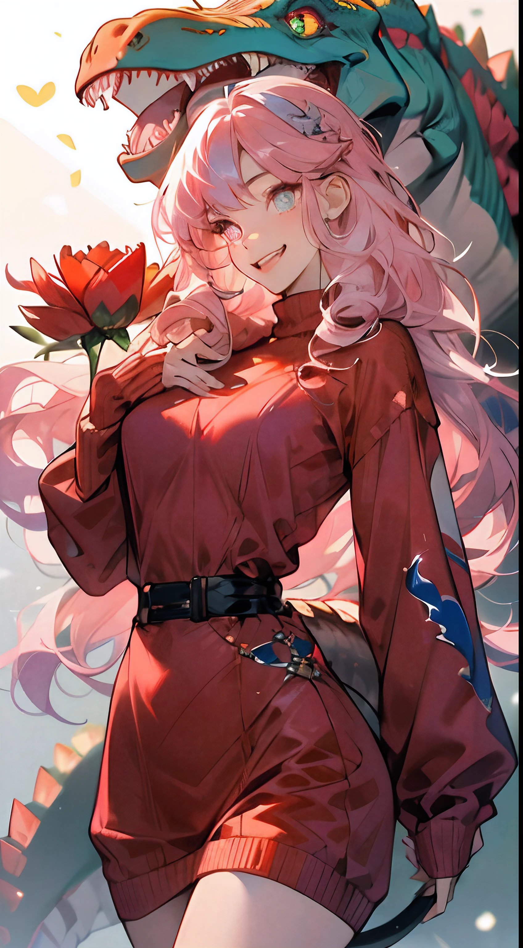 masterpiece , detailed image , detailed eyes , beautiful eyes , detailed hair , detailed hands , normal hands , detailed fingers , normal fingers , 1girl , solo , 20 year old girl , beautiful girl , cute girl , (Scarlet eyes:), sparkling eyes, bright eyes, (long hair), waist length hair, ((Carnation-pink-colored hair)), (bangs hairs:1.5), happy expression, big smile, sharp teeth, big eyes , ((wearing an oversized Jade-colored thigh-length sweater dinosaur costume :1.5 )), a cute thigh-length sweater dinosaur costume , (dinosaur tail) , a baggy shirt , (costume clothes:1.5) , Cute action, lovely pose, white background, black background, blurred background , cowboy shot