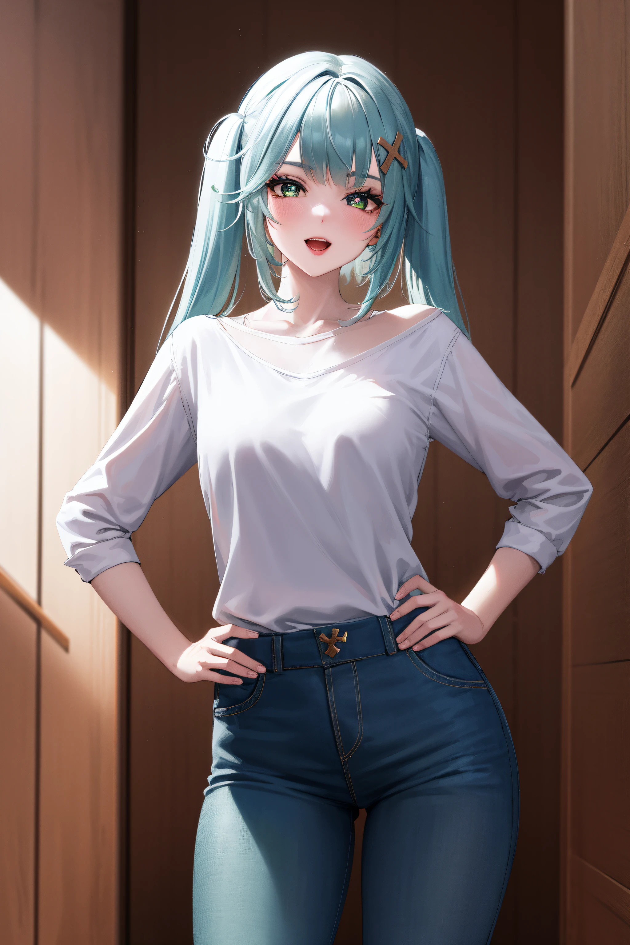 faruzan, faruzan, aqua hair, blunt bangs, cowlick, (green eyes:1.5), hair between eyes, hair ornament, long hair, (symbol-shaped pupils:1.5), (triangle-shaped pupils:1.5), twintails, x hair ornament, open mouth, smile,
BREAK pants, jeans, sweater, collarbone, long sleeves,
BREAK looking at viewer, full body, (cowboy shot:1.5), upper body,hand on hip, angry, pov 
BREAK indoors, library,
BREAK (masterpiece:1.2), best quality, high resolution, unity 8k wallpaper, (illustration:0.8), (beautiful detailed eyes:1.6), extremely detailed face, perfect lighting, extremely detailed CG, (perfect hands, perfect anatomy),