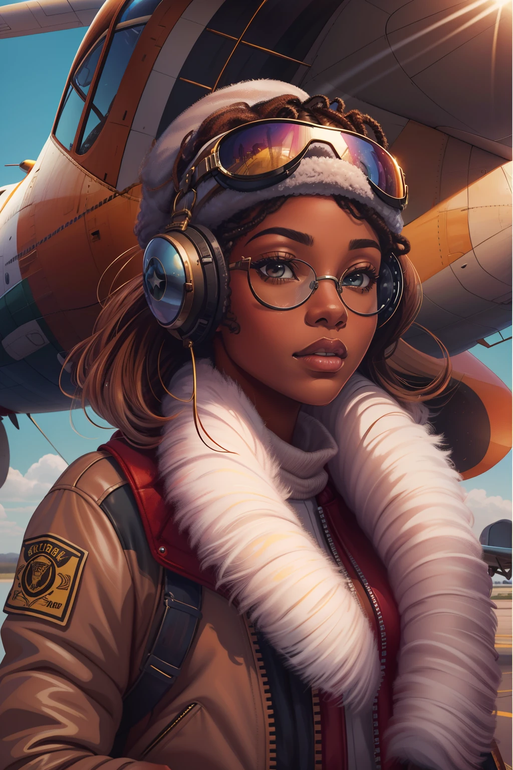 beautiful african american woman in aviator jacket, white scarf and aviator bomber hat with goggles standing next to a plane, digital painting, digital illustration, extreme detail, digital art, 4k, ultra hd. her skin is a deep, rich color and her hair is pulled back in a bun