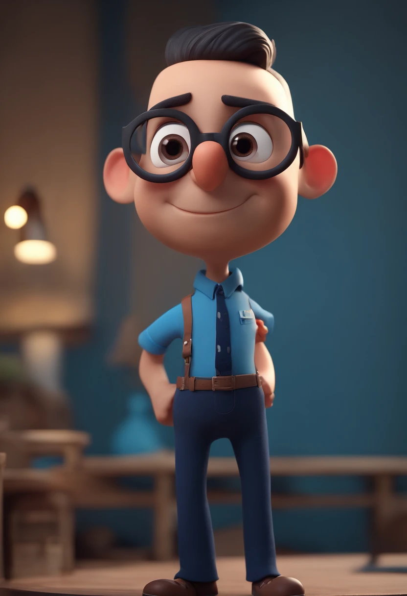 Cartoon character of a man wearing black glasses and a blue shirt, um personagem animado, Caractere estilizado, animation style rendering, 3D estilizado, Arnold Maya render, 3 d render stylized, toon render keyshot, Personagem 3D, Personagem 3D, 3d rendering stylized, 3 d character render, personagem de desenho animado, Personagem de close up, Pose de personagem, (Estilo Pixar) (master part:1.2) (Bokeh) (best quality) (pele detalhada) (textura detalhada) (8k) (argila) (Cinematic lighting) (foco nítido,Senta e vaza a parte superior do corpo