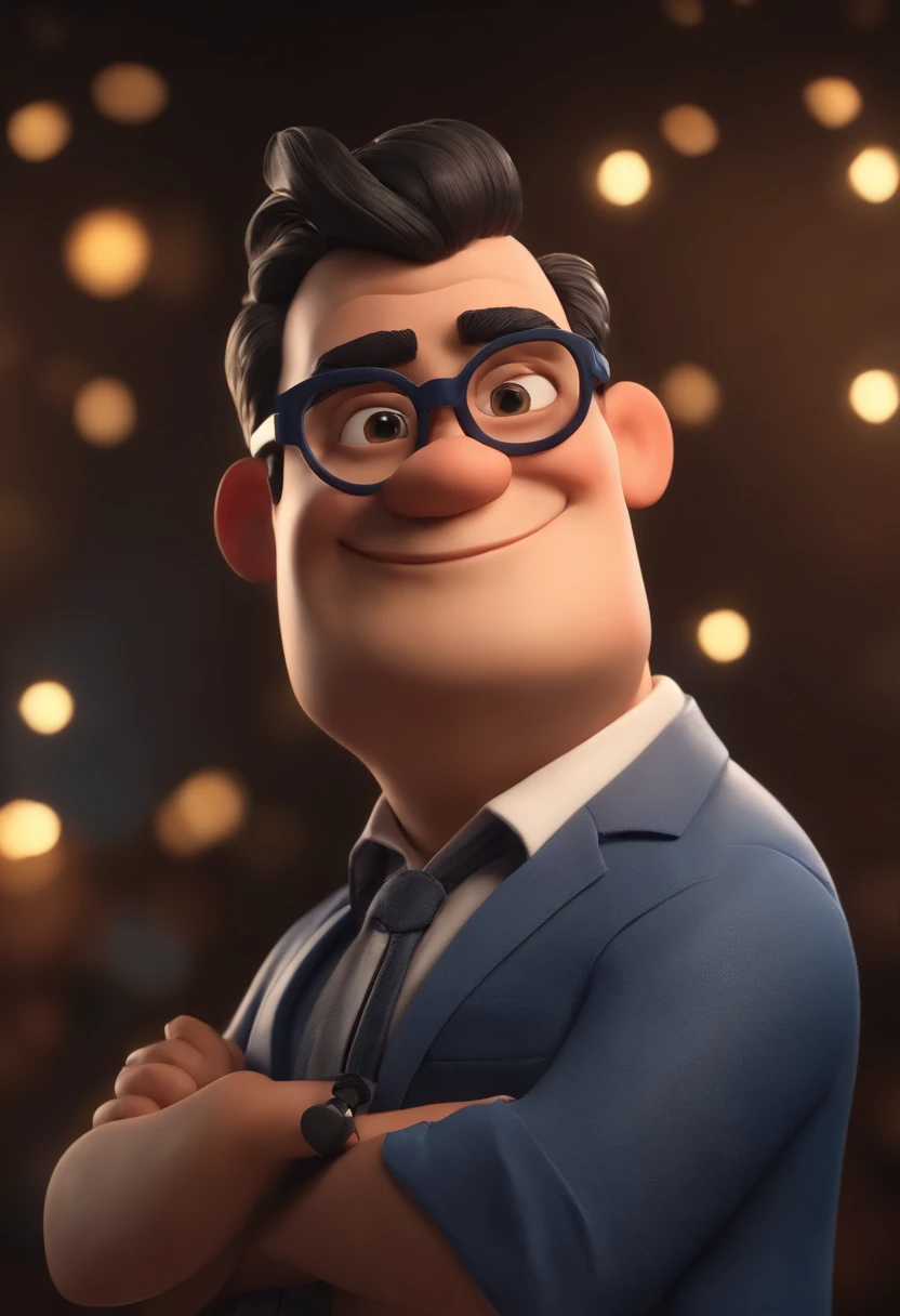 Cartoon character of a man wearing black glasses and a blue shirt, um personagem animado, Caractere estilizado, animation style rendering, 3D estilizado, Arnold Maya render, 3 d render stylized, toon render keyshot, Personagem 3D, Personagem 3D, 3d rendering stylized, 3 d character render, personagem de desenho animado, Personagem de close up, Pose de personagem, (Estilo Pixar) (master part:1.2) (Bokeh) (best quality) (pele detalhada) (textura detalhada) (8k) (argila) (Cinematic lighting) (foco nítido,Senta e vaza a parte superior do corpo