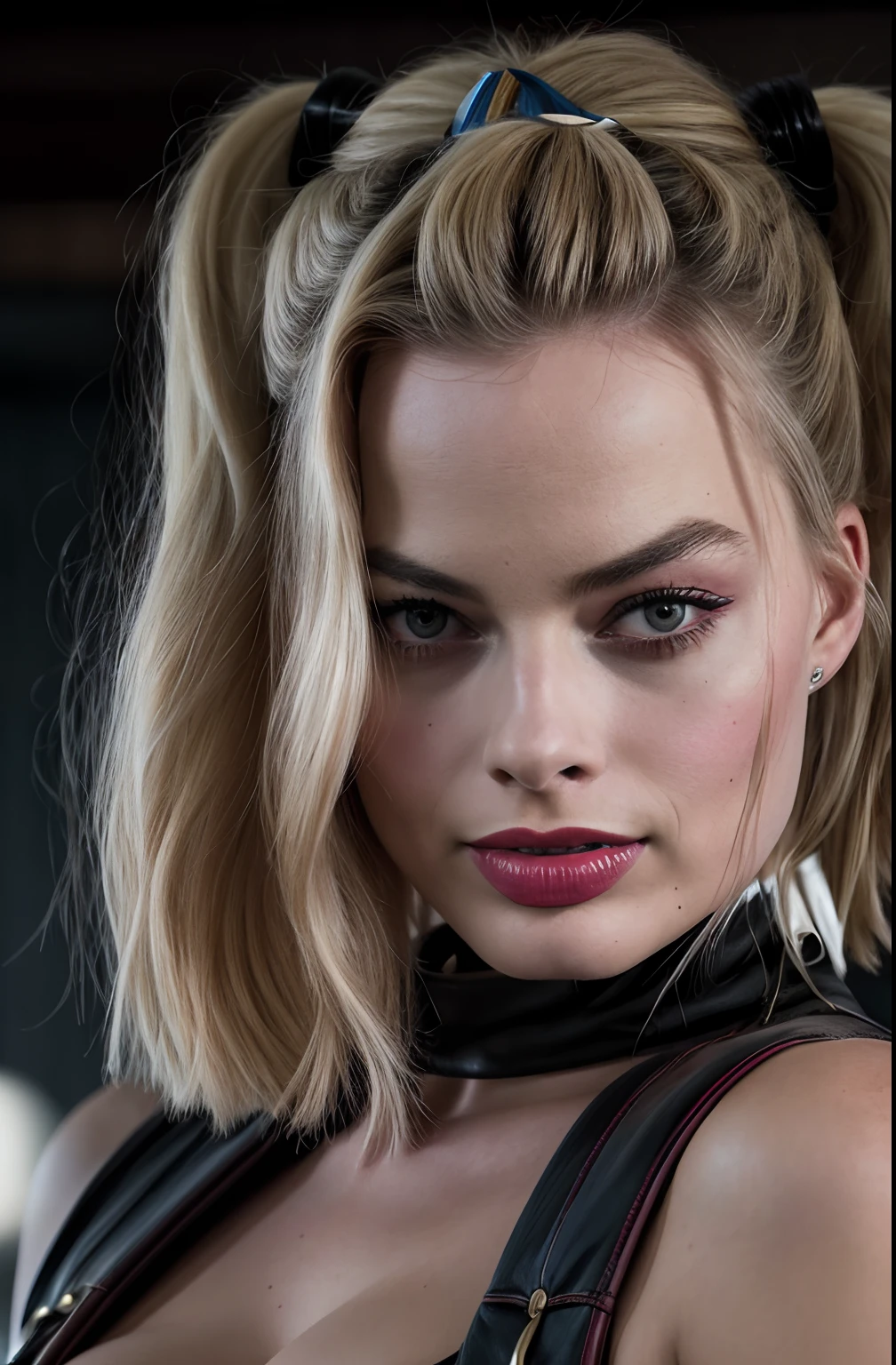 Margot Robbie: Harley Quinn, Coupe en cuir sur toute la longueur, superréaliste, Hyperrealistic, detailded, affiche de film, realistic skin, Fujifilm XT3, High-resolution image quality, photo shoot (peau: 0,8, Taupes: 0,05), (very detailed skin), Margotrobbie se penche en avant, sur deux, cuir, cul, sexy, corps, montre son ul